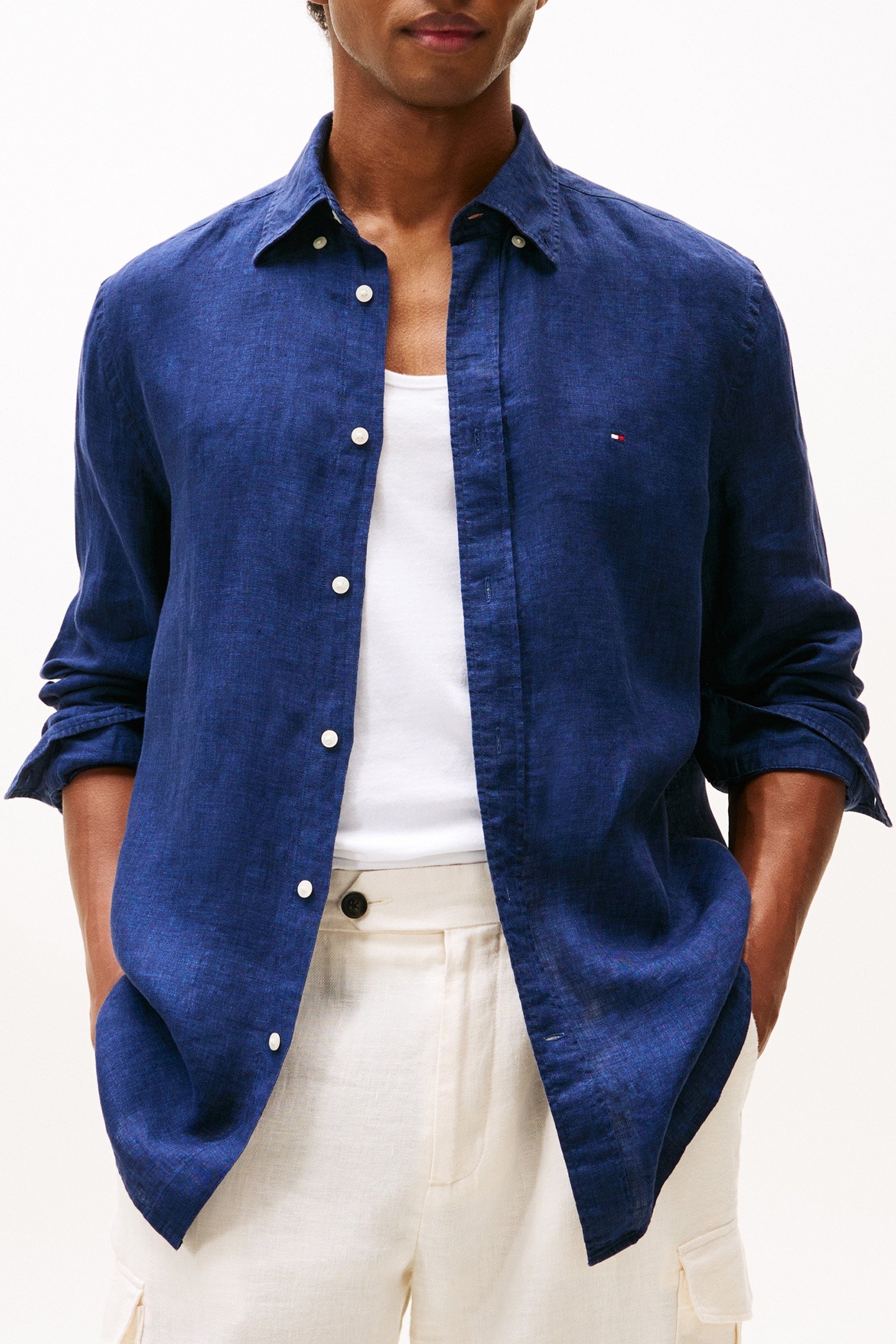 SLIM FIT LINEN SHIRT CARBON NAVY 1