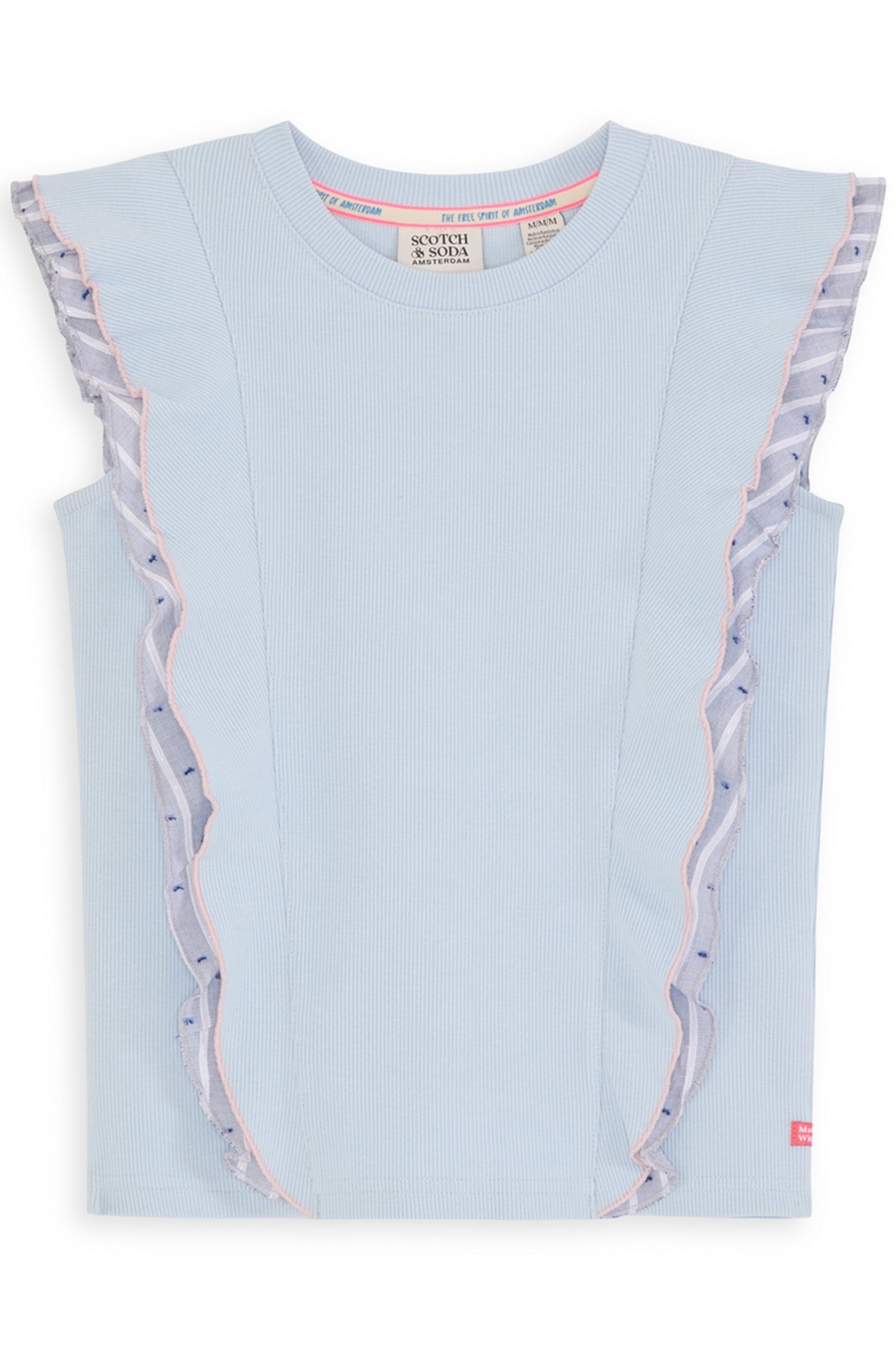 S&S GIRLS DENIM GROUP Y/D RIB RUFFLE FASHION TOP LT BLUE/PAS 1