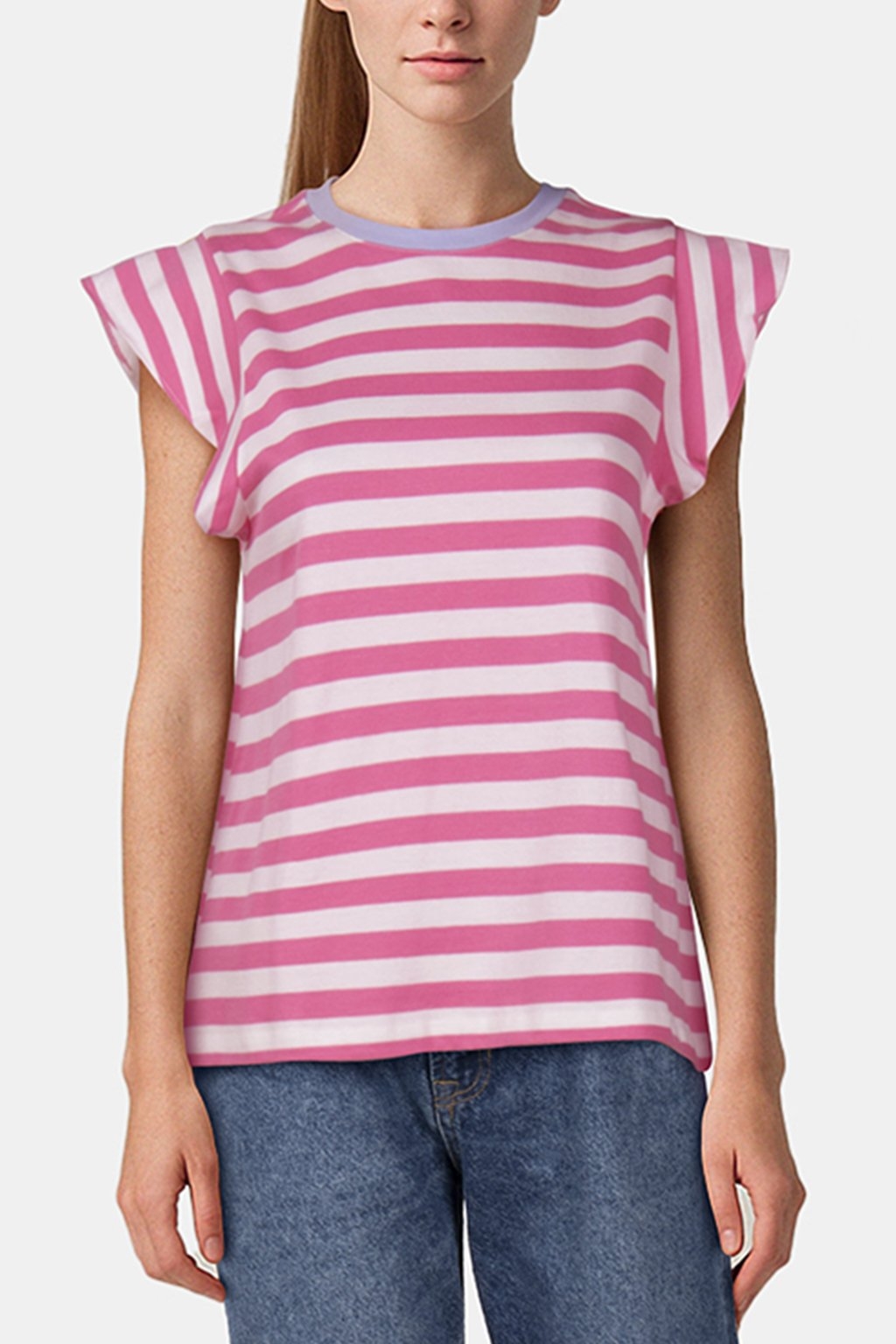 STRIPED T-SHIRT WITH RUFFLES ORGANIC SORBET PINK 1