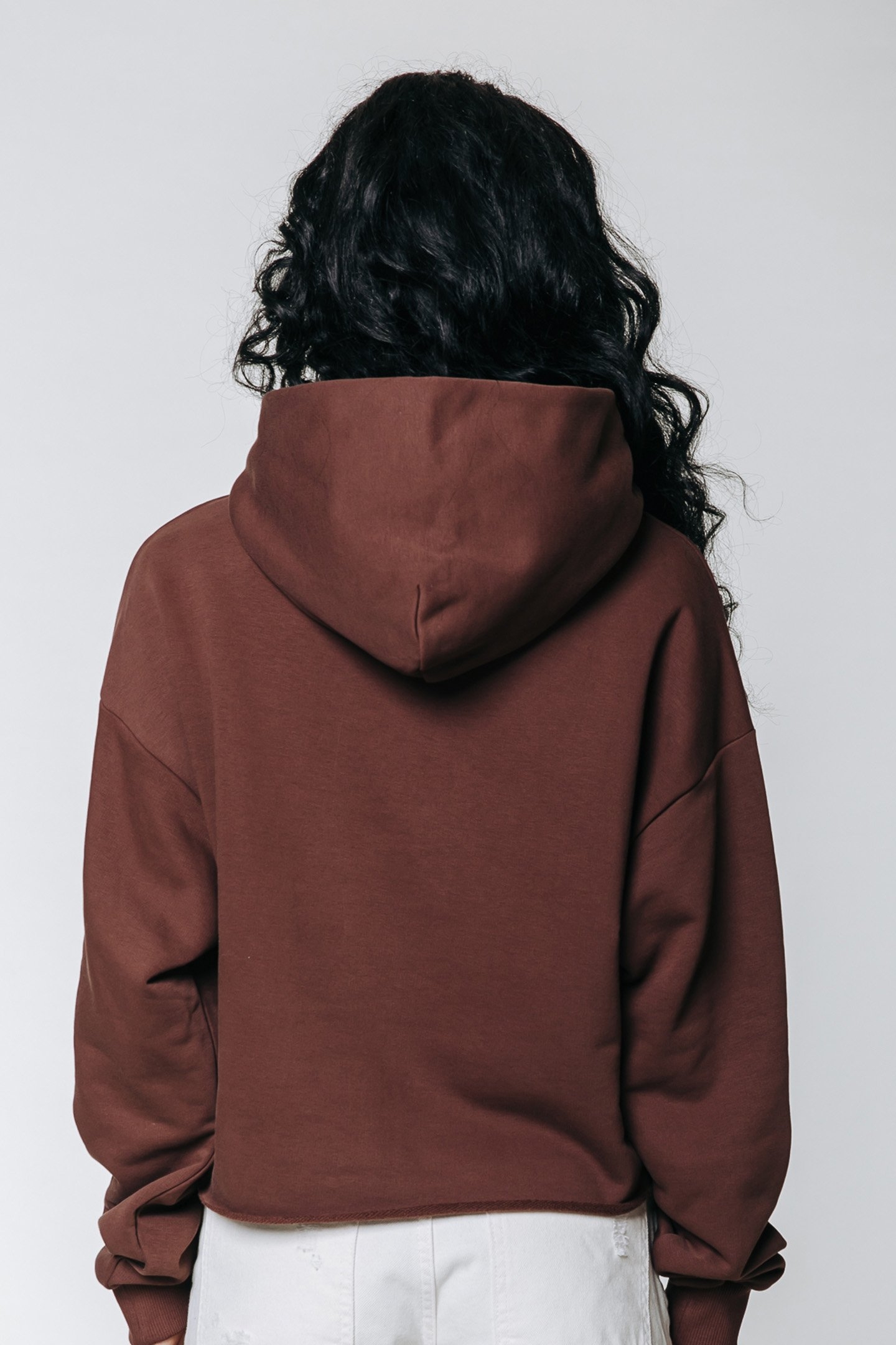 CLRFL RBL PATCH RAW EDGE CROPPED HOODIE BROWN 2
