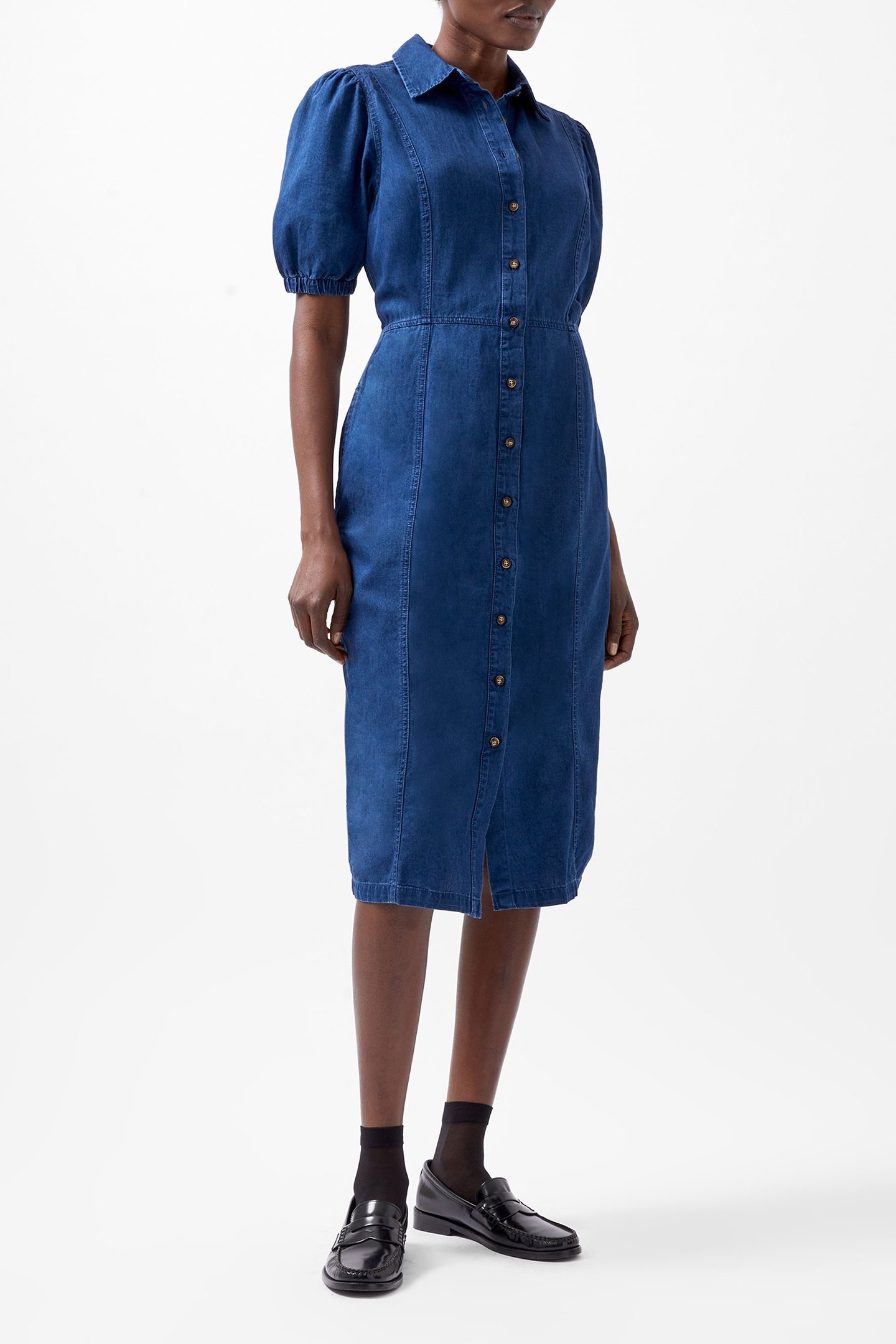 CHAMBRAY BUTTON THRU DRESS MID WASH 1