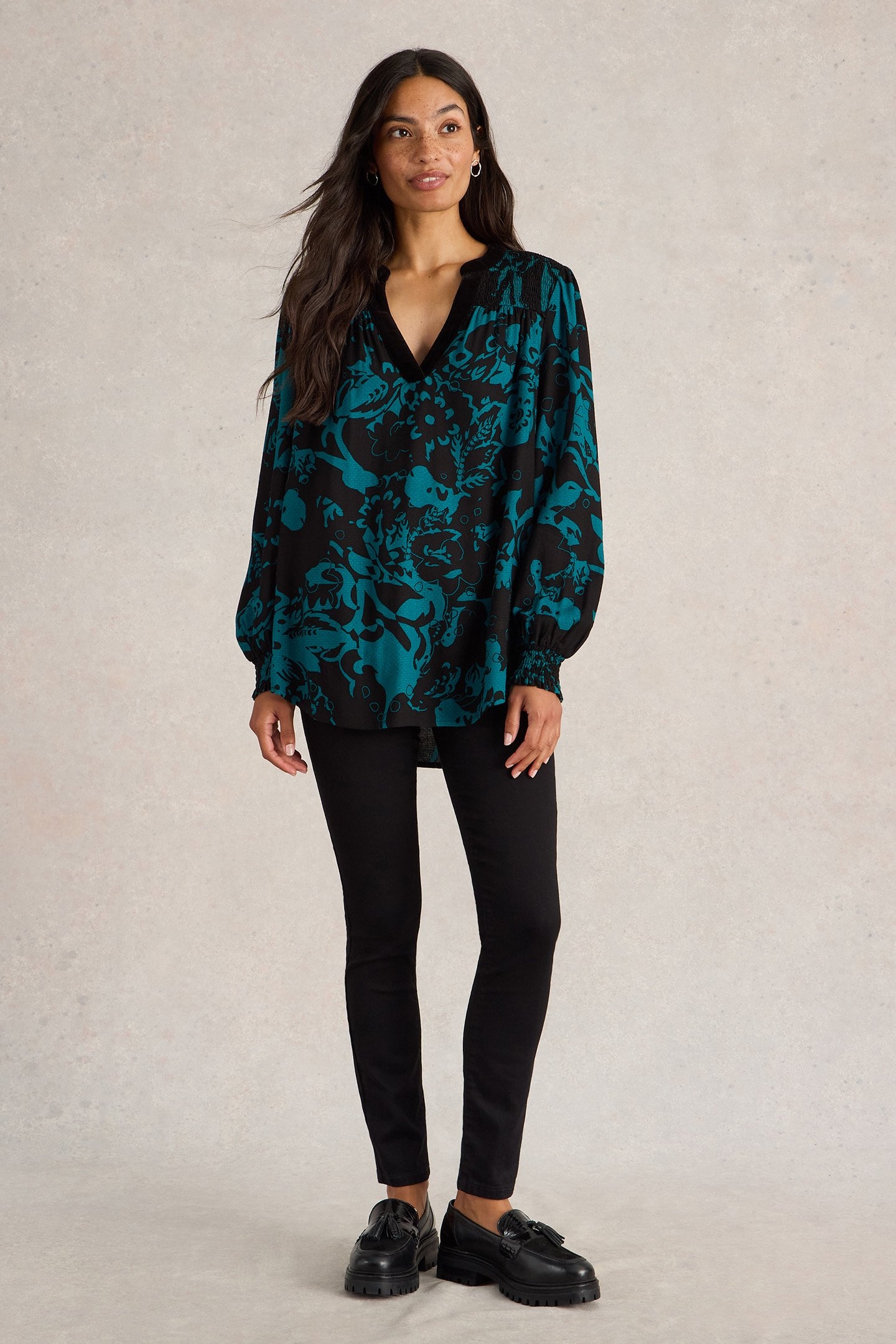 BAY PRINT LONGLINE TOP TEAL MULTI 1