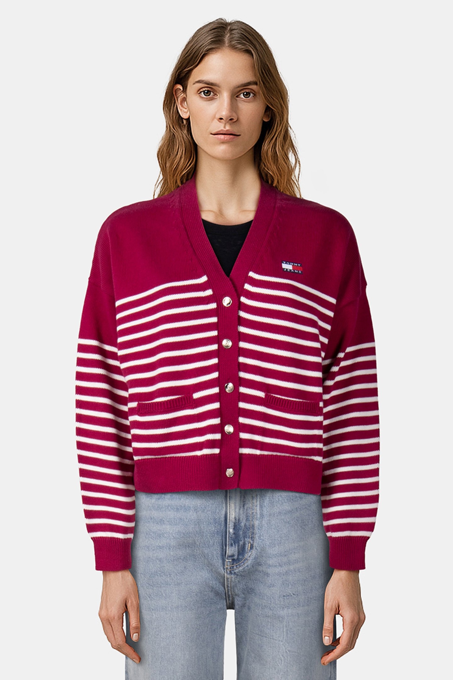TJW CABLE CARDIGAN BRILLIANT BERRY / STRIPE 1