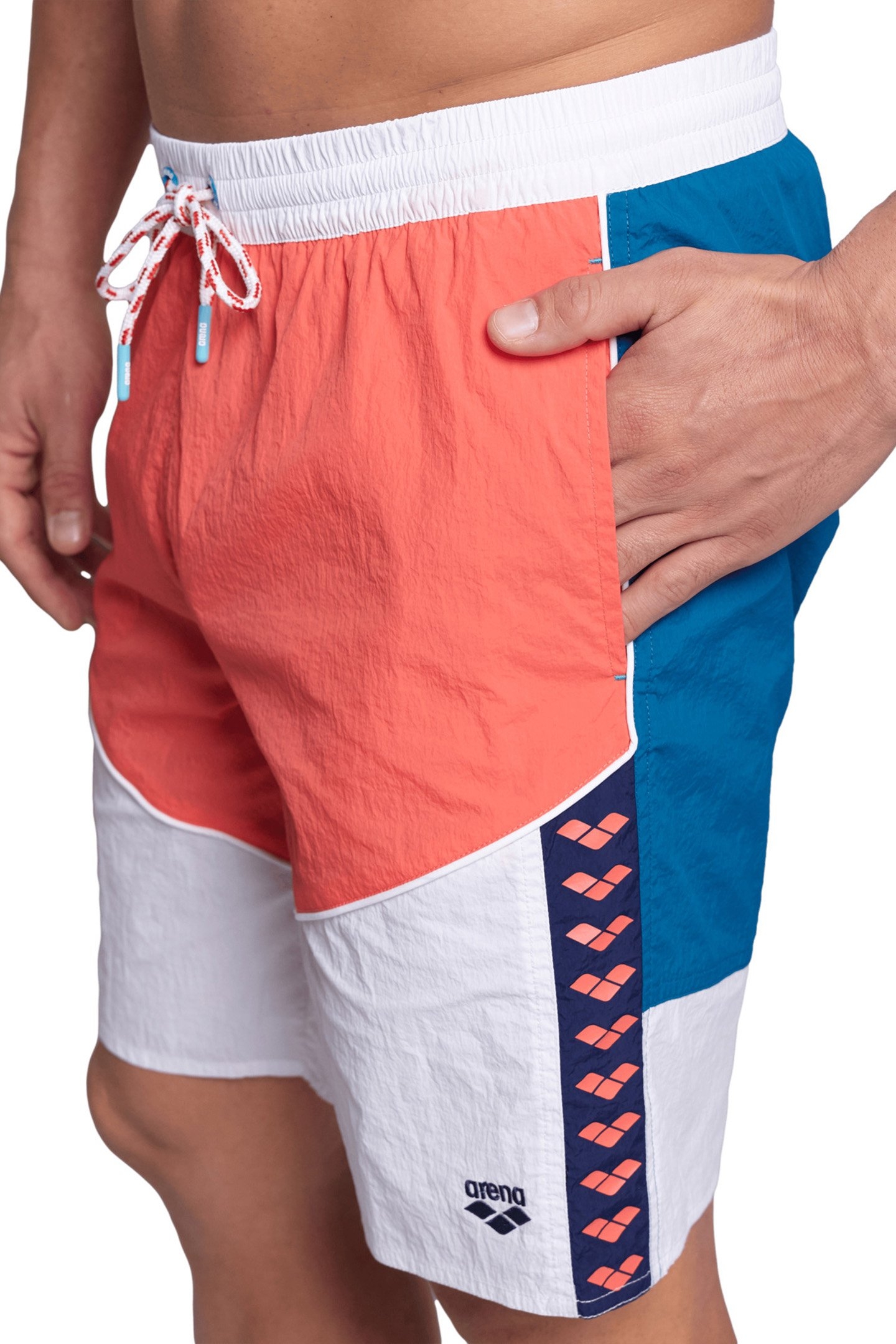 MEN'S ARENA TEAM STRIPE BERMUDA PANEL WHITE-CALYPSO CORAL-BL 4