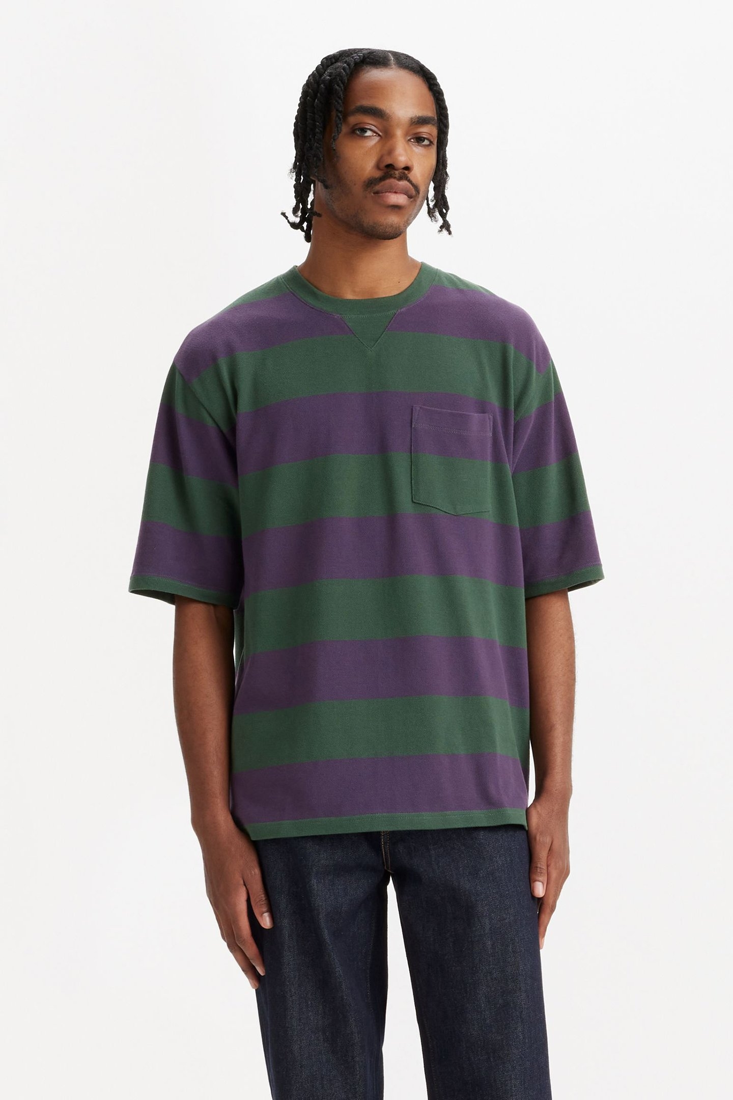 HALF SLV PIQUE POCKET T HENRY STRIPE 1