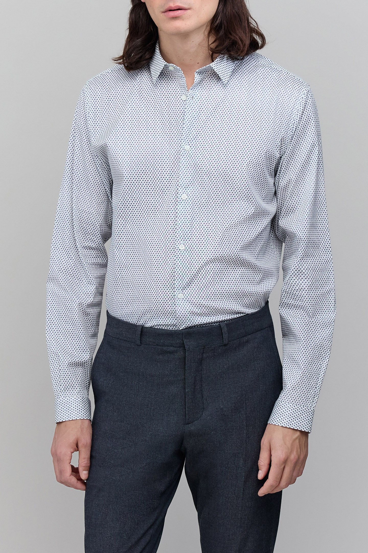 OFF-WHITE SLIM SHIRT WITH NAVY POLKA DOT PRINT 1