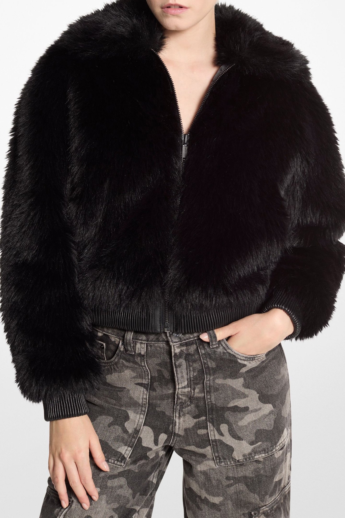 FAUX FUR BOMBER JACKET IN BLACK 1