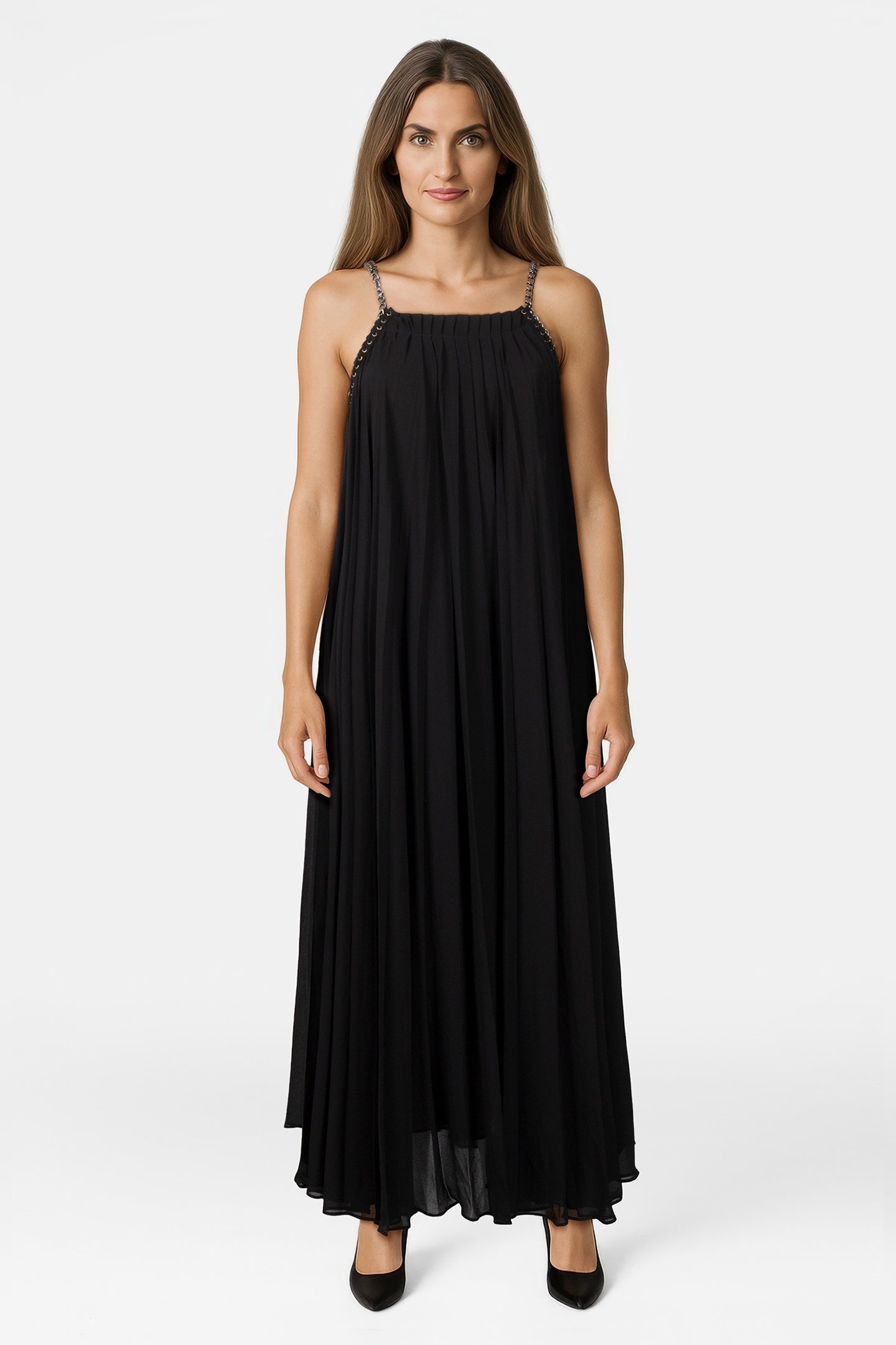 PLEATED CHAIN MIDI DRESS BLACK 1