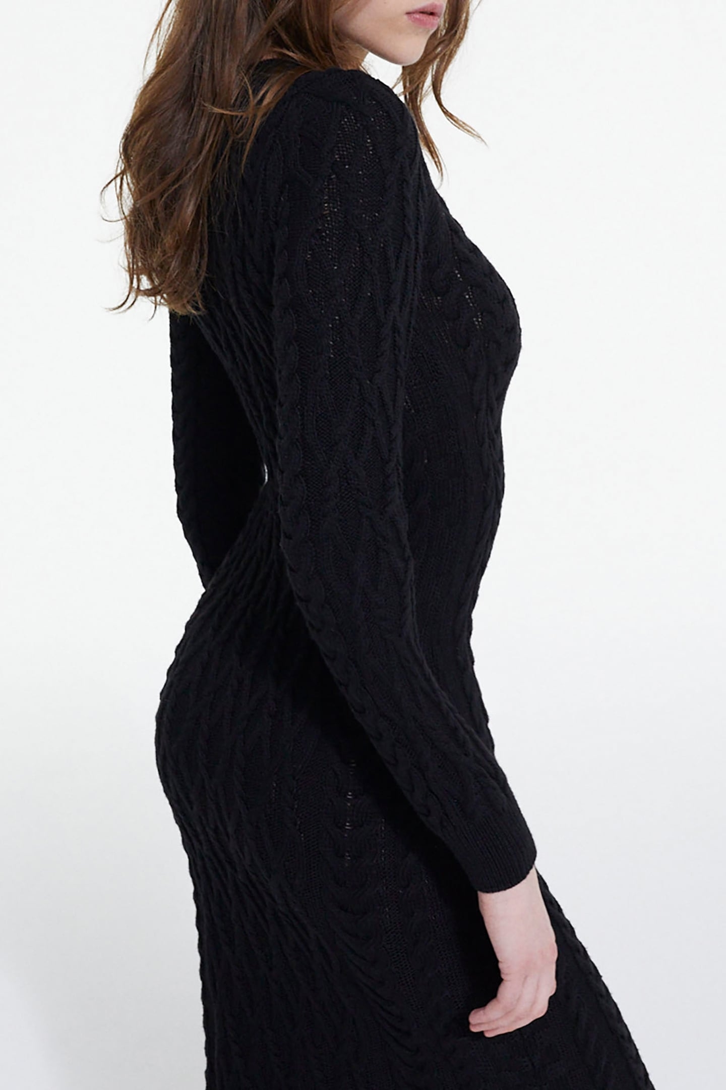 LONG-SLEEVED CABLE-KNIT WOOL DRESS BLACK 5