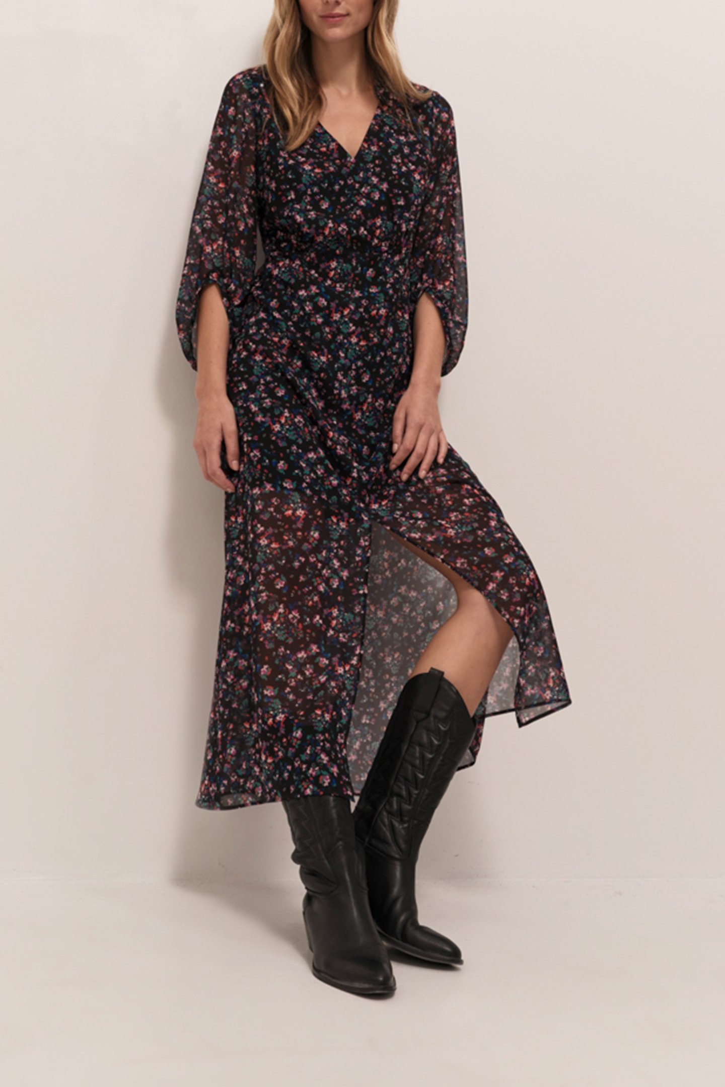 ROMEA - LONG BLACK DRESS WITH NIGHT GARDEN PRINT 1