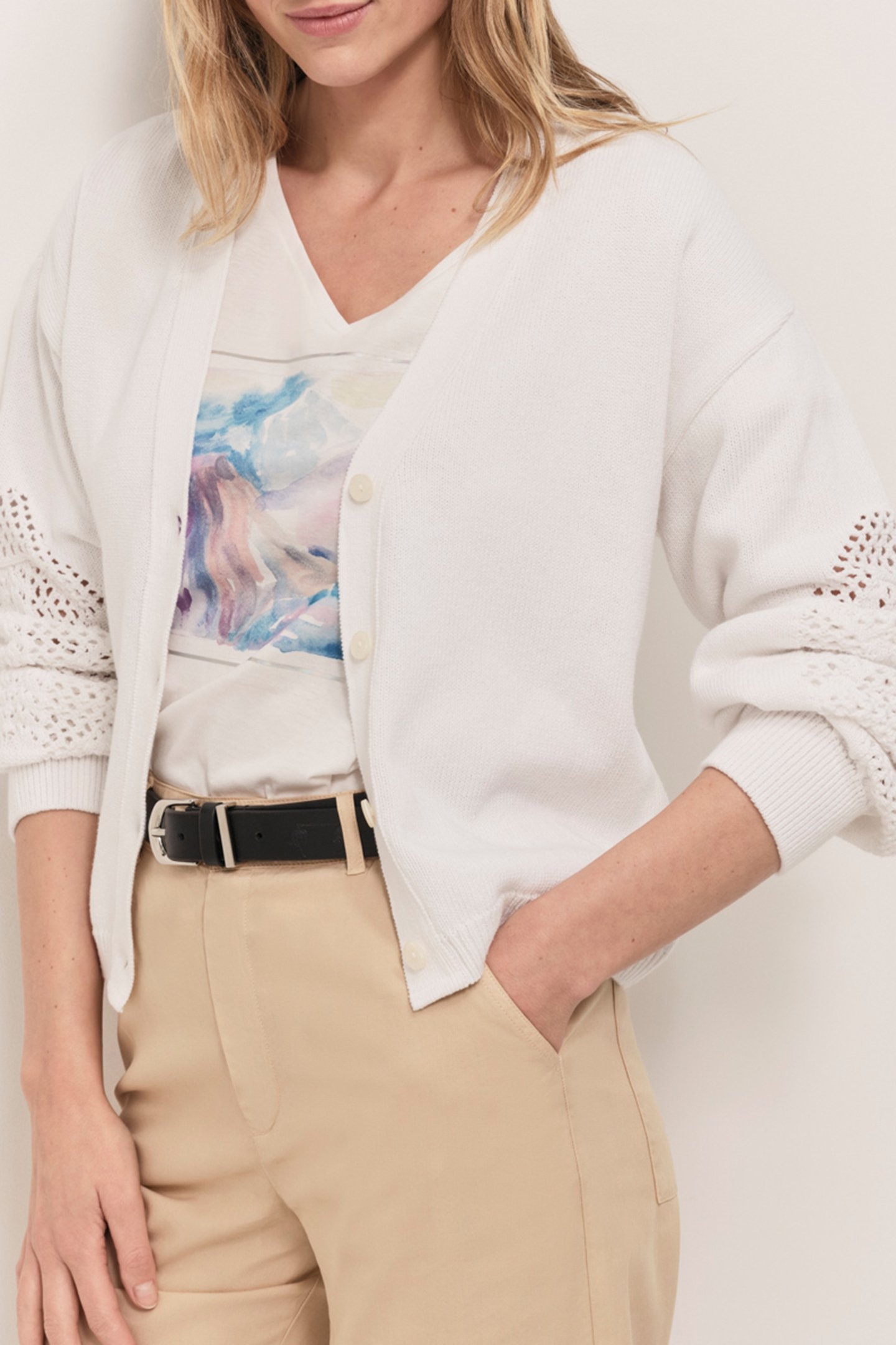 TWIST ECRU COTTON KNIT CARDIGAN WITH OPENWORK STITCHING 3