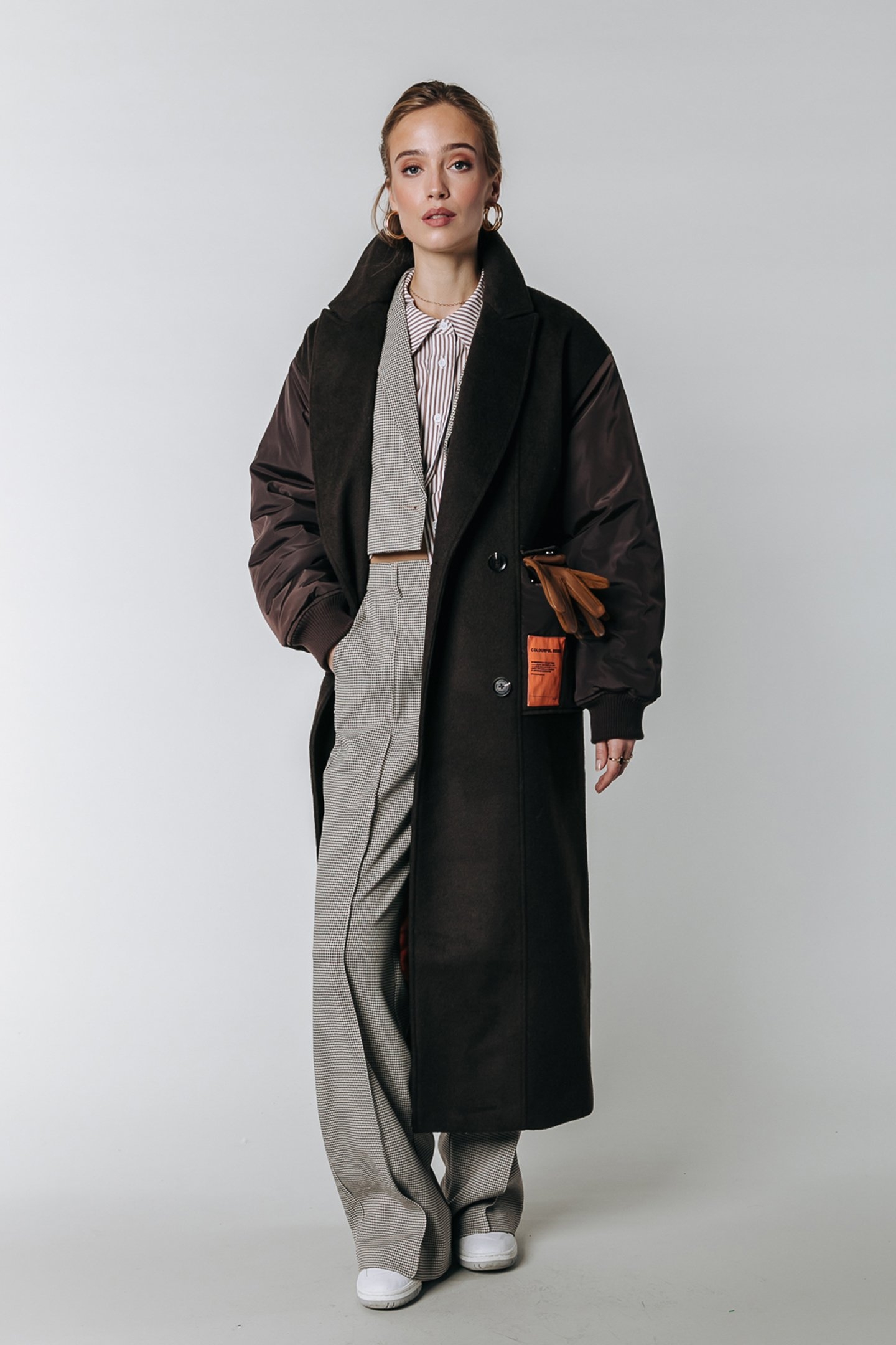 RUS CHECK PINTUCK HIGH WAIST PANTS LIGHT BROWN 3