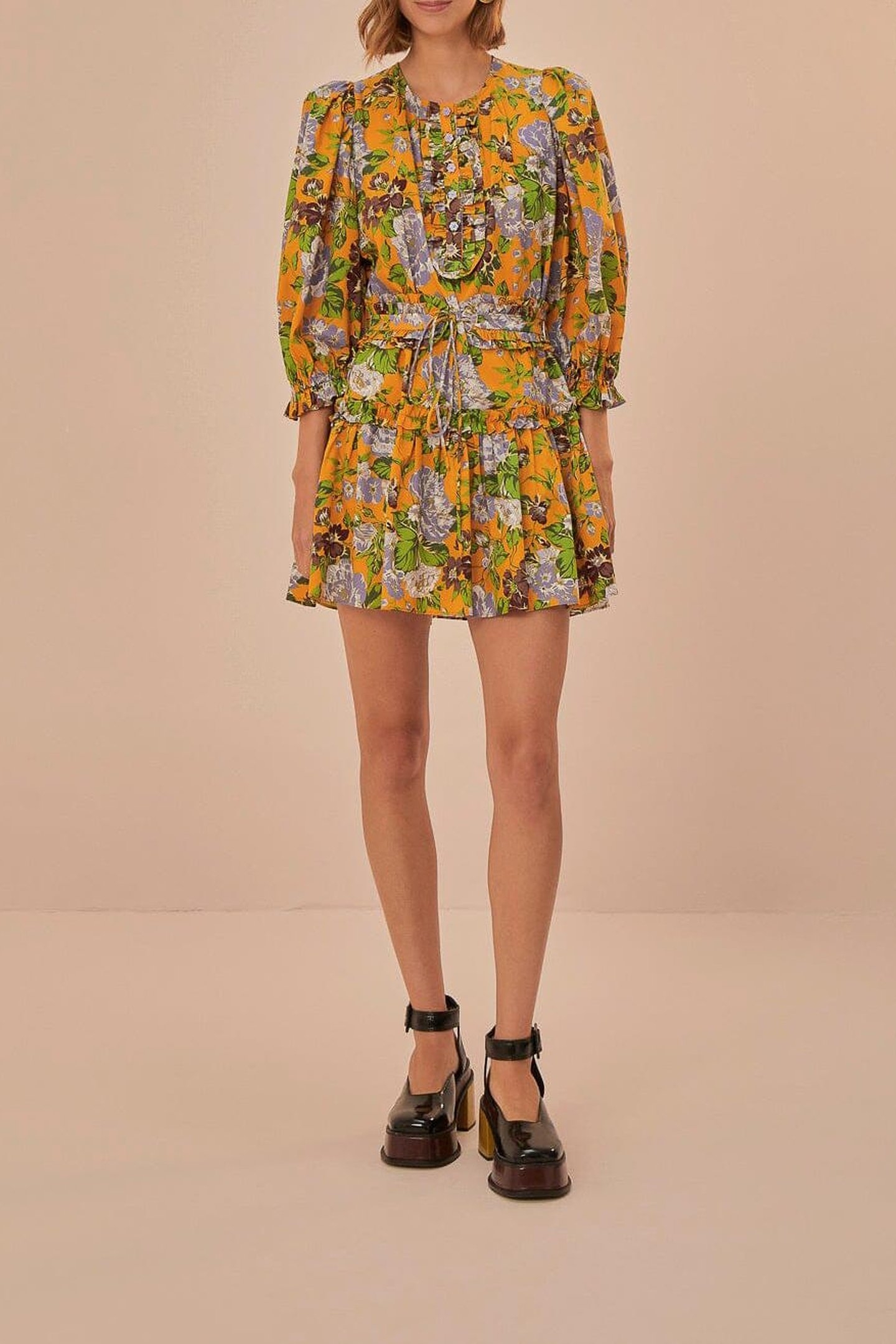 YELLOW CAPRI FLORAL MINI DRESS SHORT SLEEVE 2