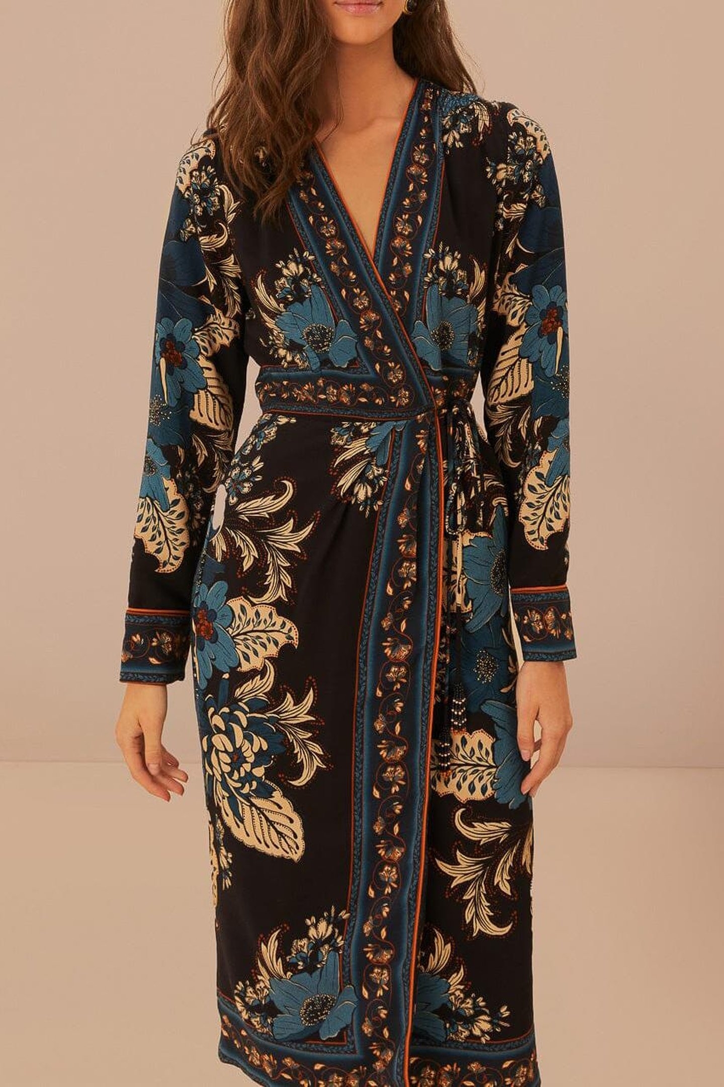 BLOSSOM TAPESTRY BLACK MIDI WRAP DRESS 1