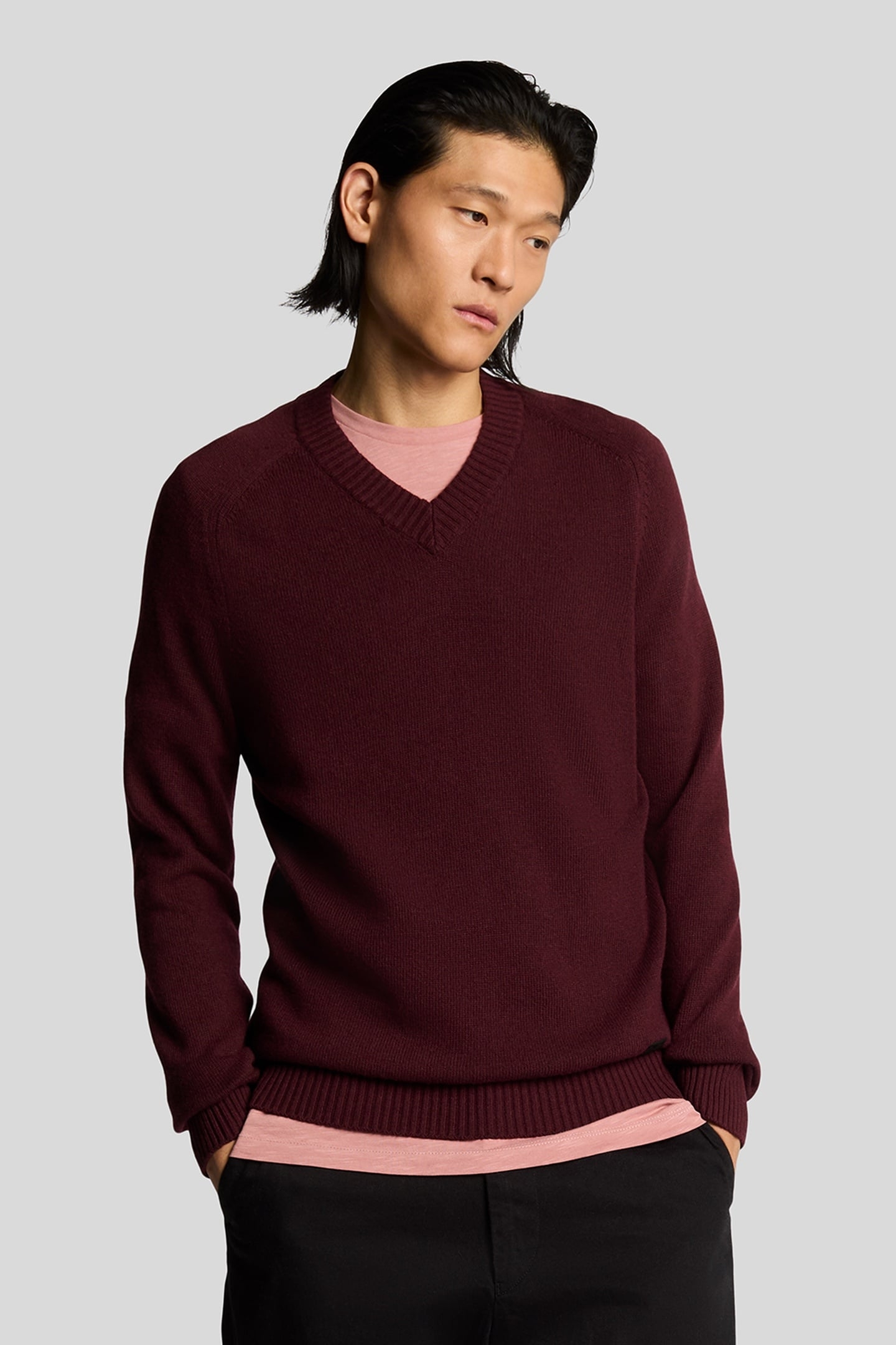 SADDLE SLEEVE V NECK JUMPER BURGUNDY HEATHER 2