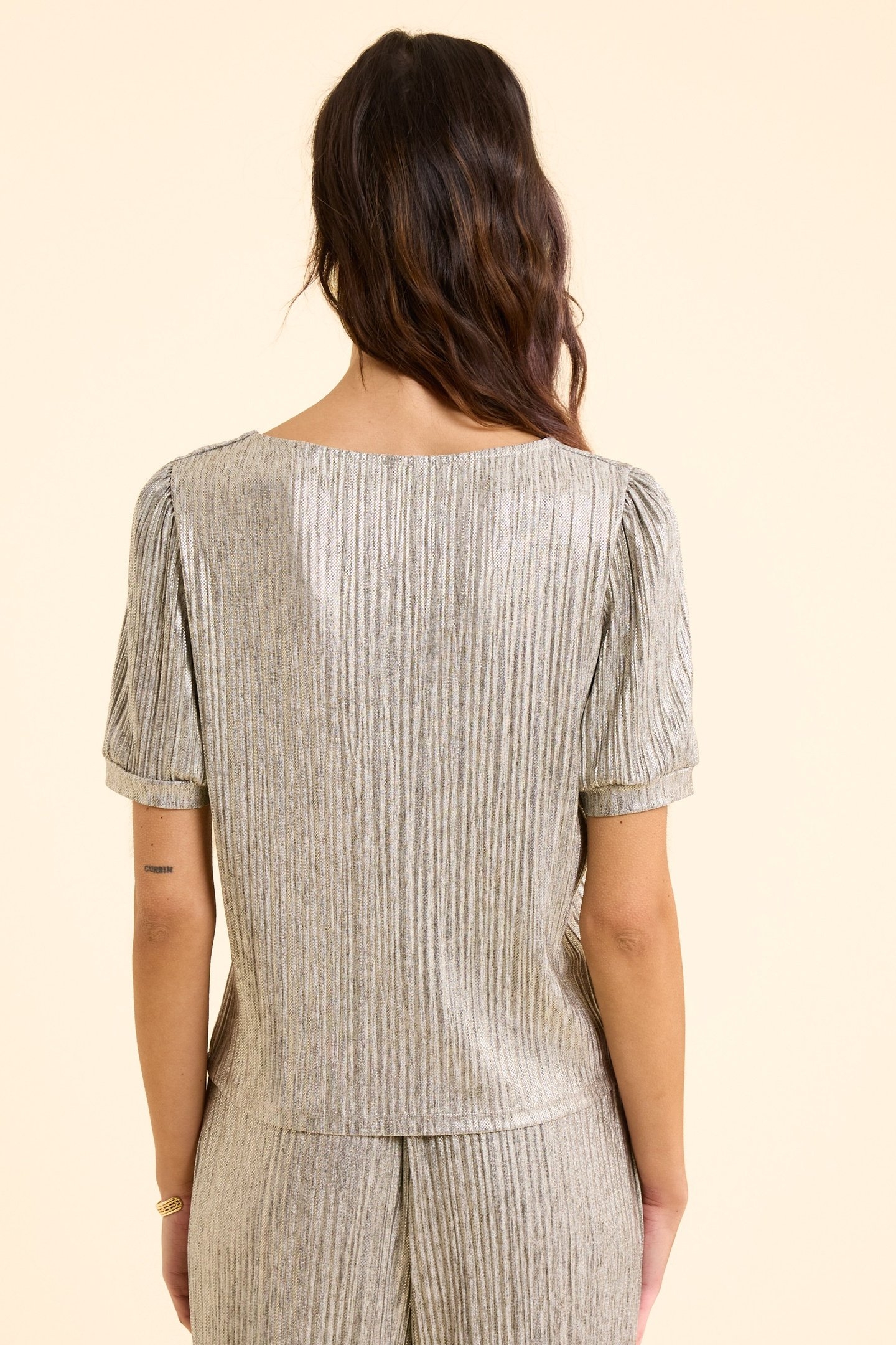 GREY PLEATED TOP WITH DECORATIVE GOLD STRIPES GOLD 4