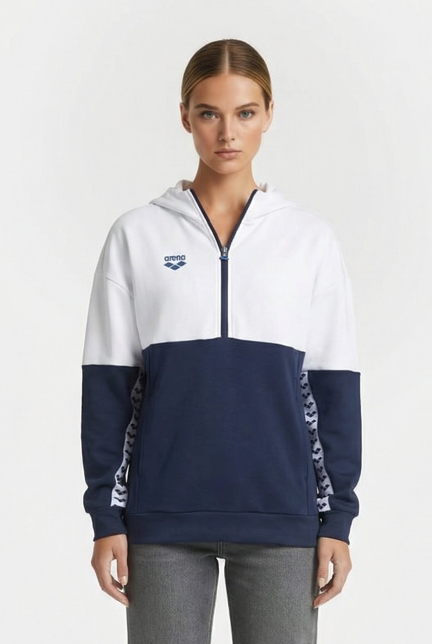 UNISEX HOODED HALF ZIP PANEL SWEAT TEAM WHITE-NAVY 1