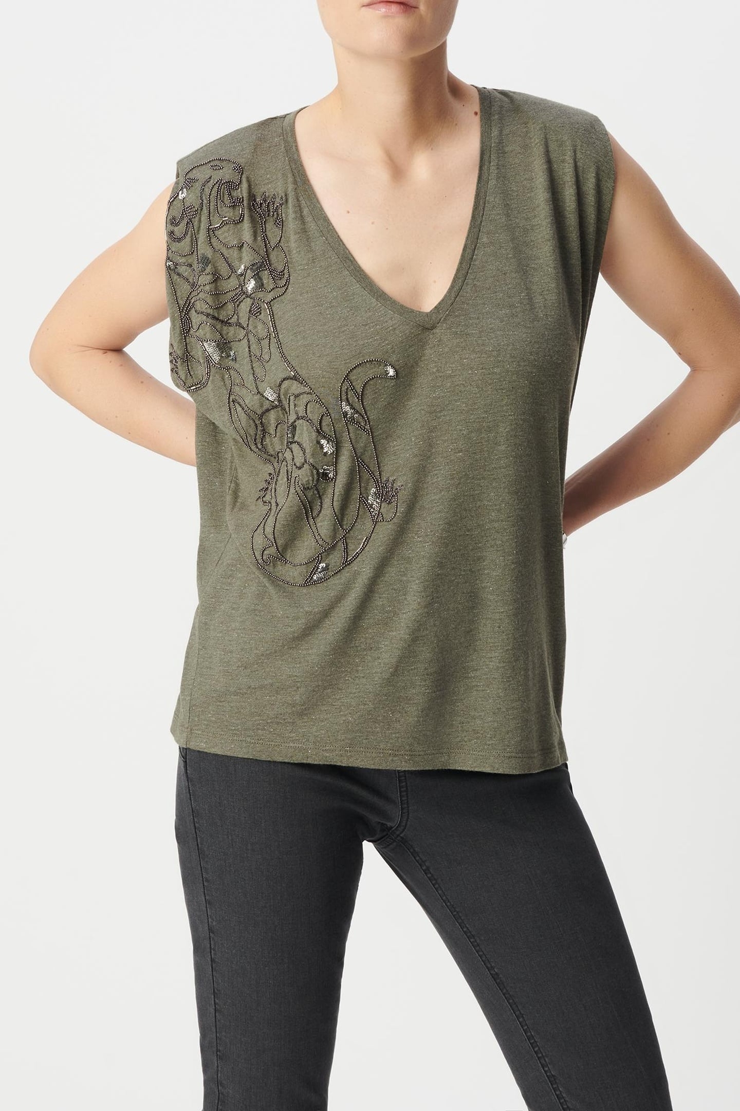 KHAKI V-NECK T-SHIRT WITH TIGER EMBROIDERY 2