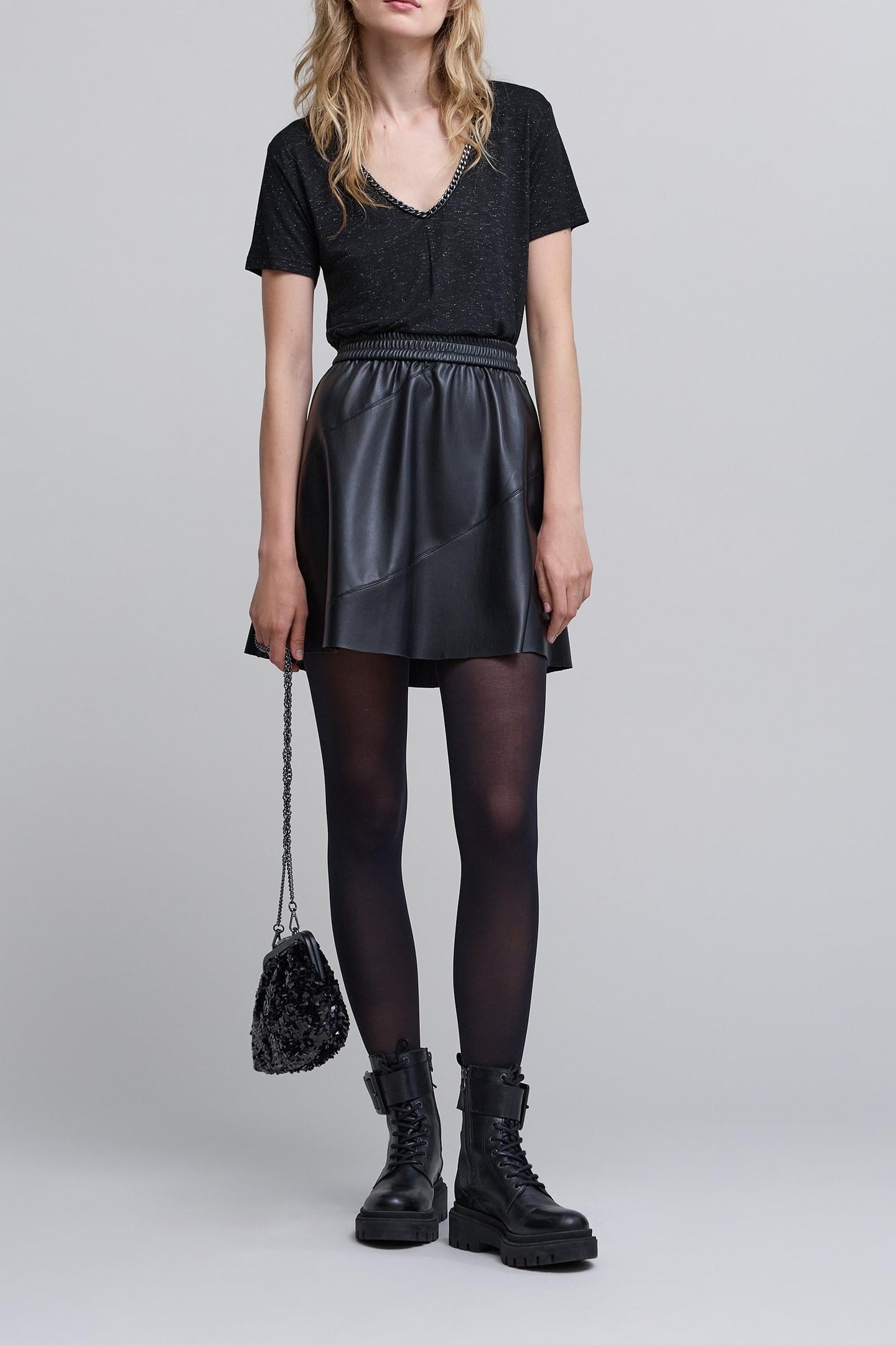 BLACK LUREX CHAIN V-NECK T-SHIRT 1