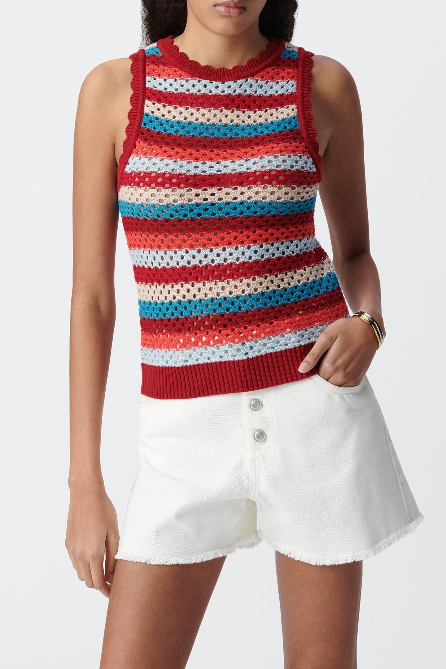 RED OPENWORK KNIT TOP, STRIPES PATTERN 2