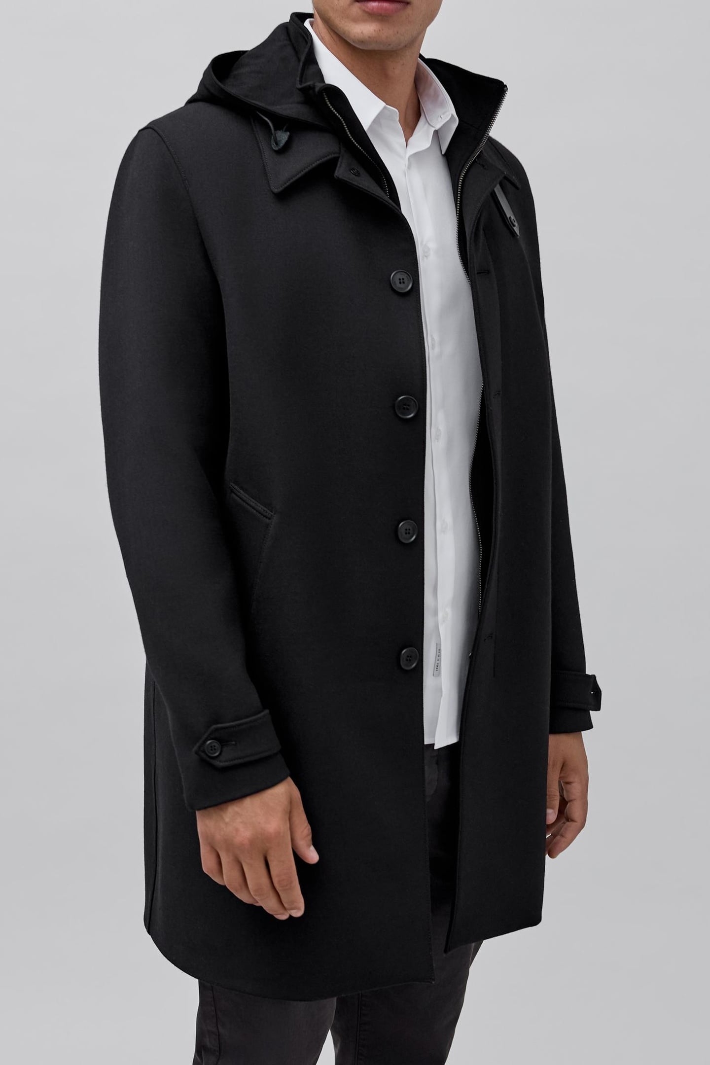 BLACK TRENCH COAT WITH DETACHABLE HOOD FACING 3