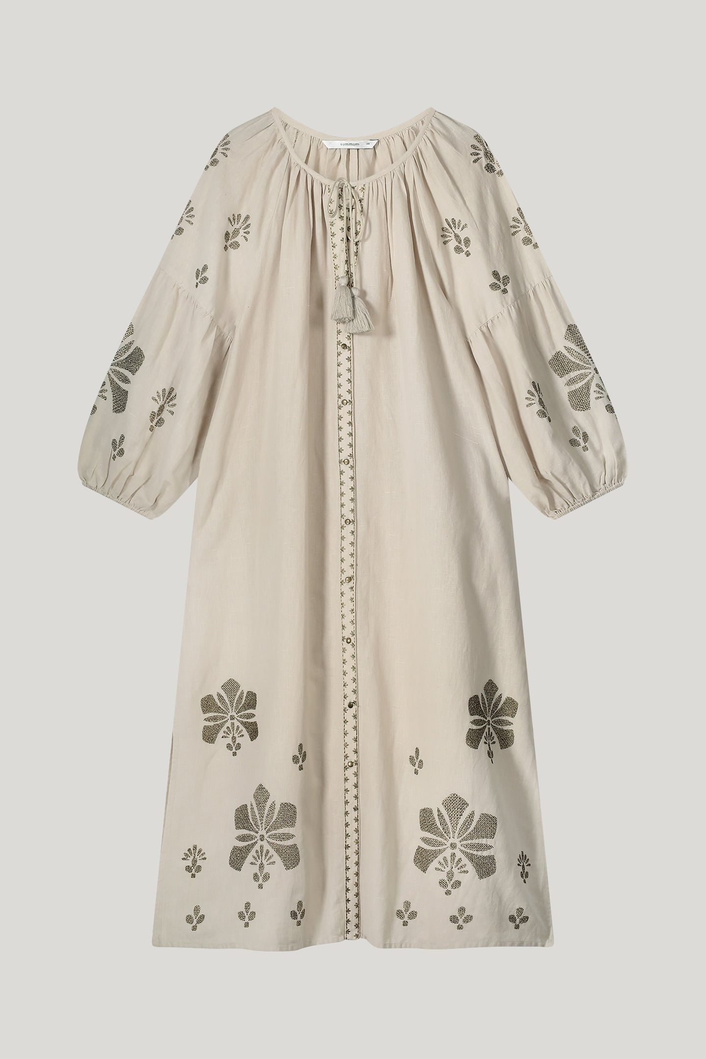 LONG DRESS LINEN HEAVY EMBROIDERY PEBBLE BEIGE 3