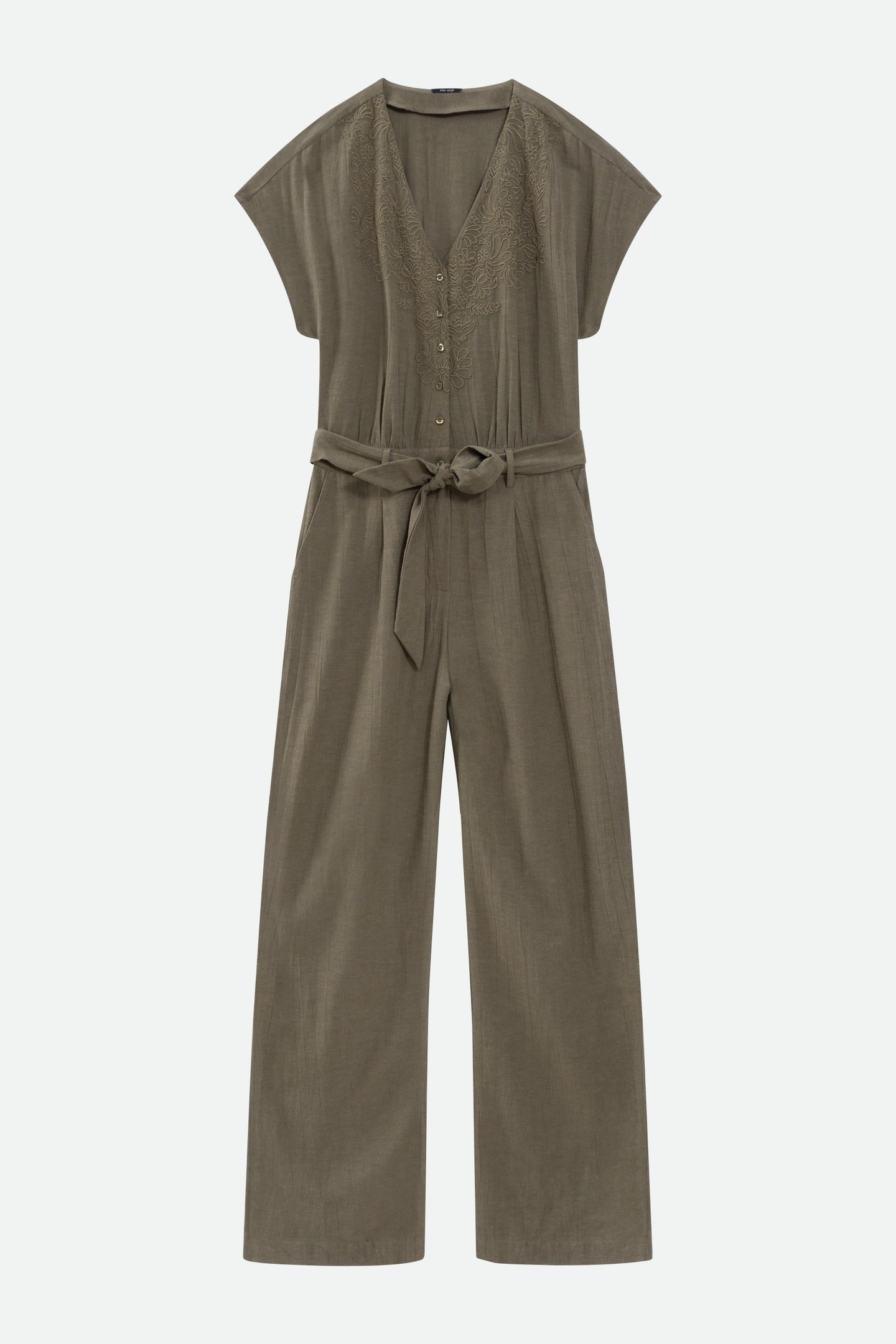 RIO - KHAKI LINEN BLEND JUMPSUIT WITH PLACED EMBROIDERY 4