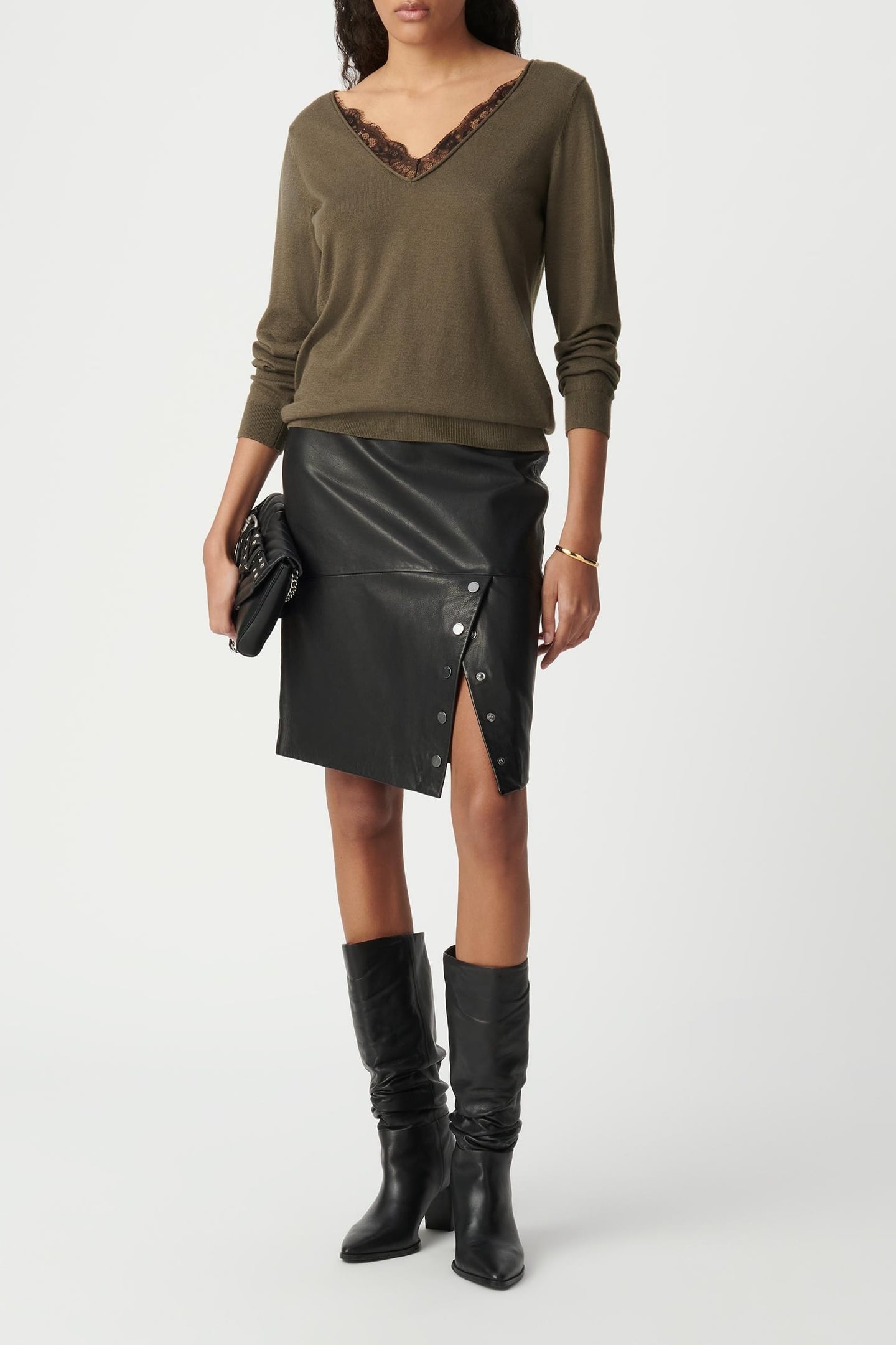 KHAKI SWEATER WITH LACE-TRIMMED FRONT AND BACK 1