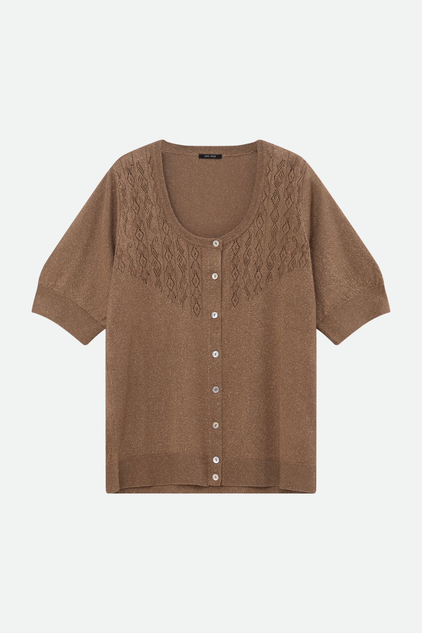 TERENOS - FANCY LUREX KNIT BROWN SHORT-SLEEVED CARDIGAN 5