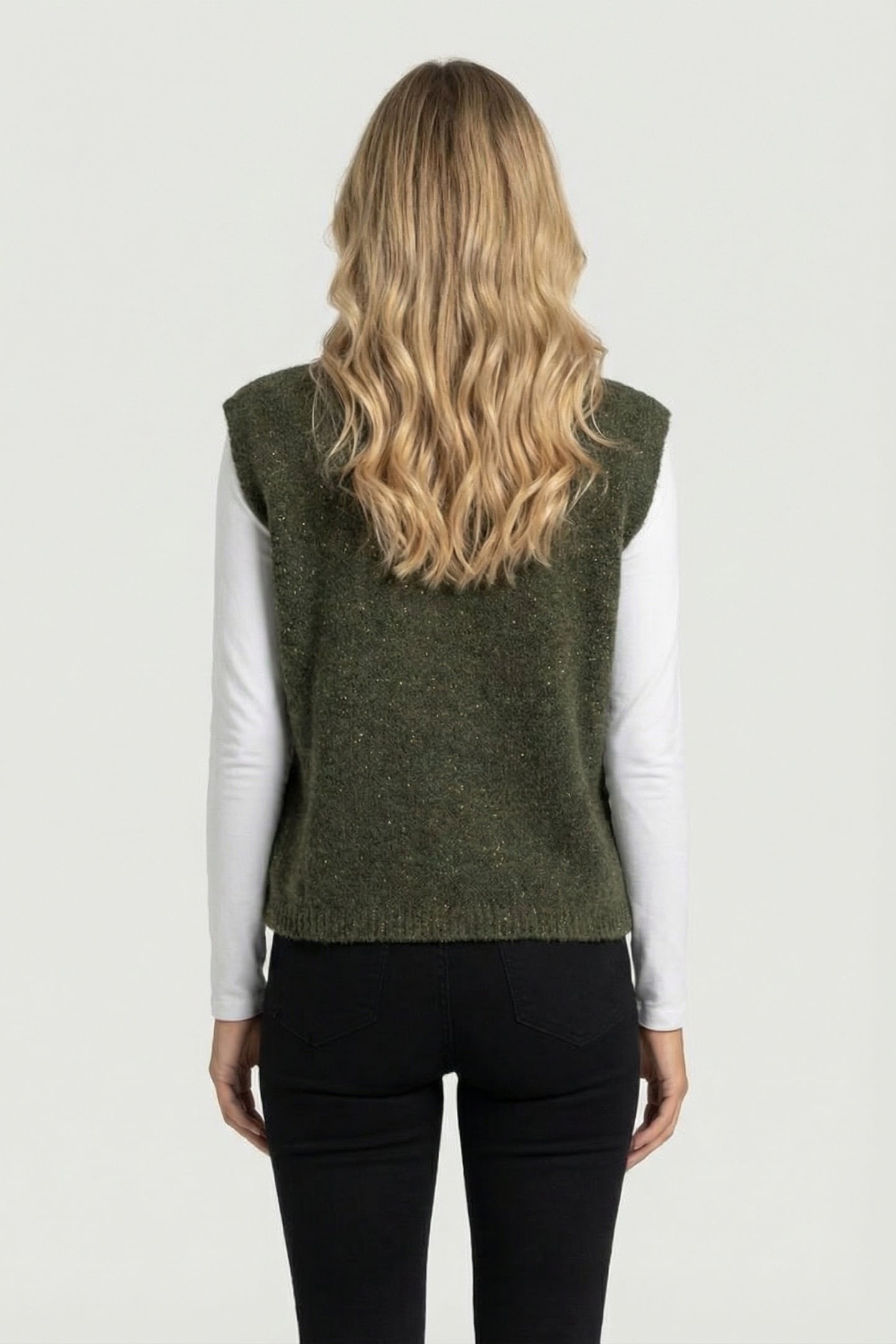 TESSA - KHAKI SLEEVELESS CARDIGAN WITH LUREX KNIT 2