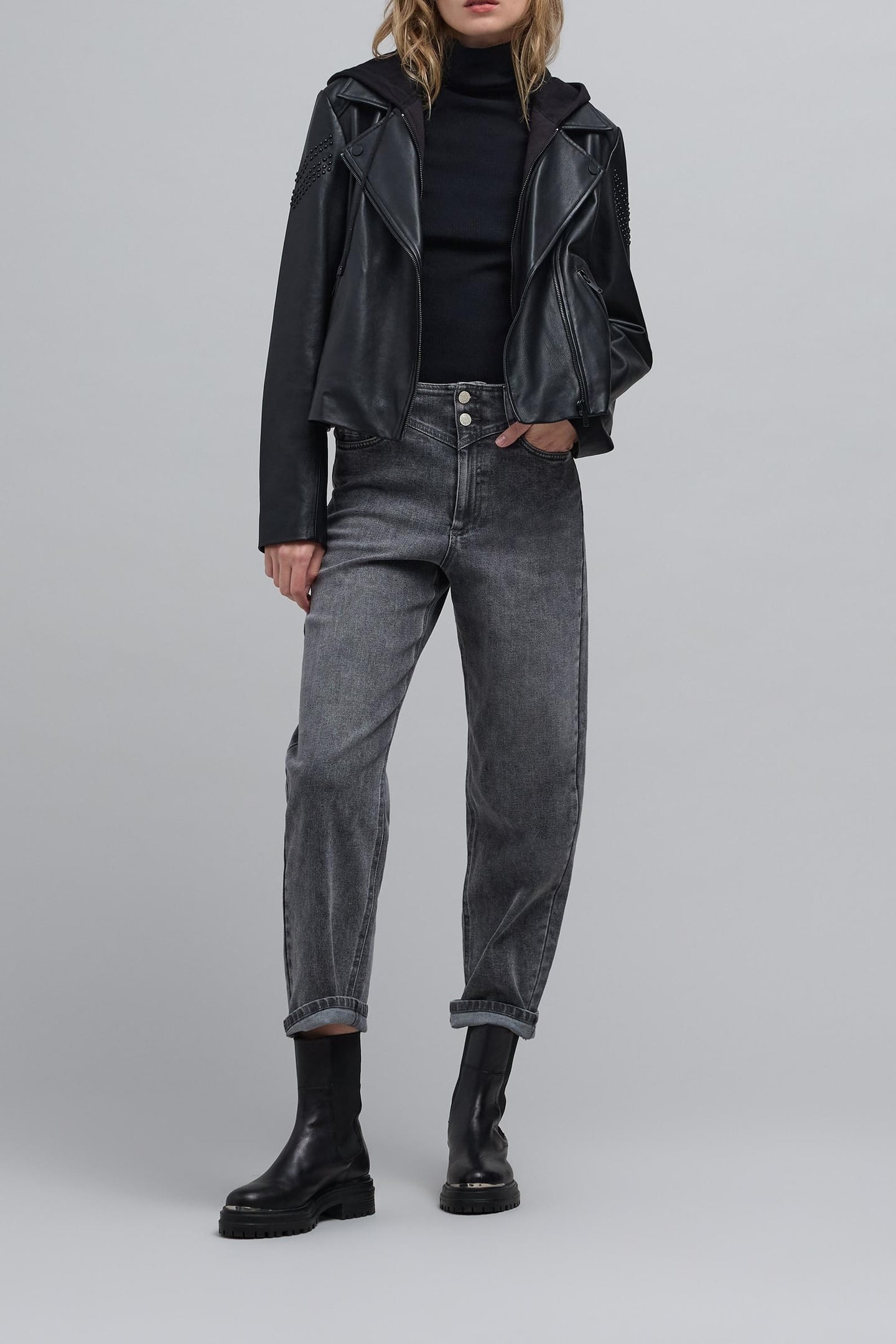 BLACK LEATHER BIKER JACKET WITH STUDS 1