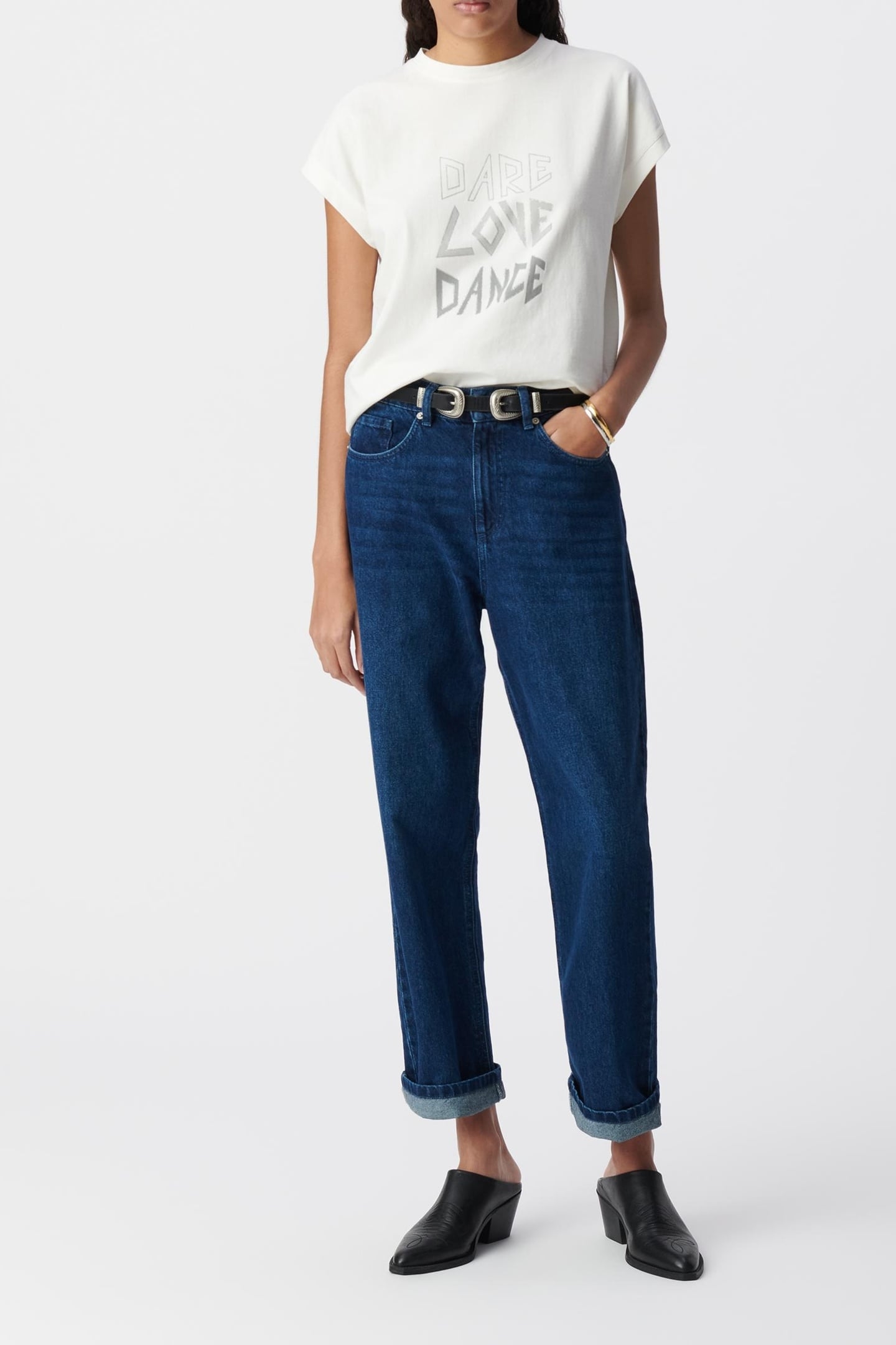 WHITE CREW NECK T-SHIRT WITH GLITTERY SLOGAN 1