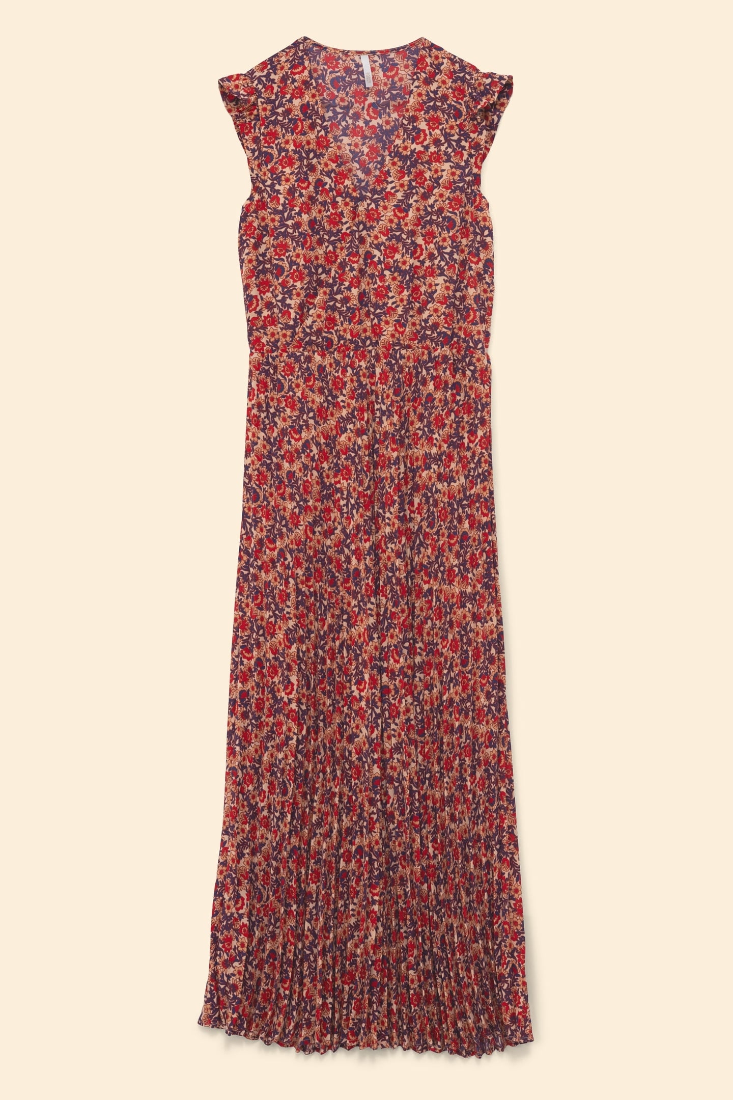 RED PLEATED LONG DRESS WITH FLOWERY PRINT ECRU 5