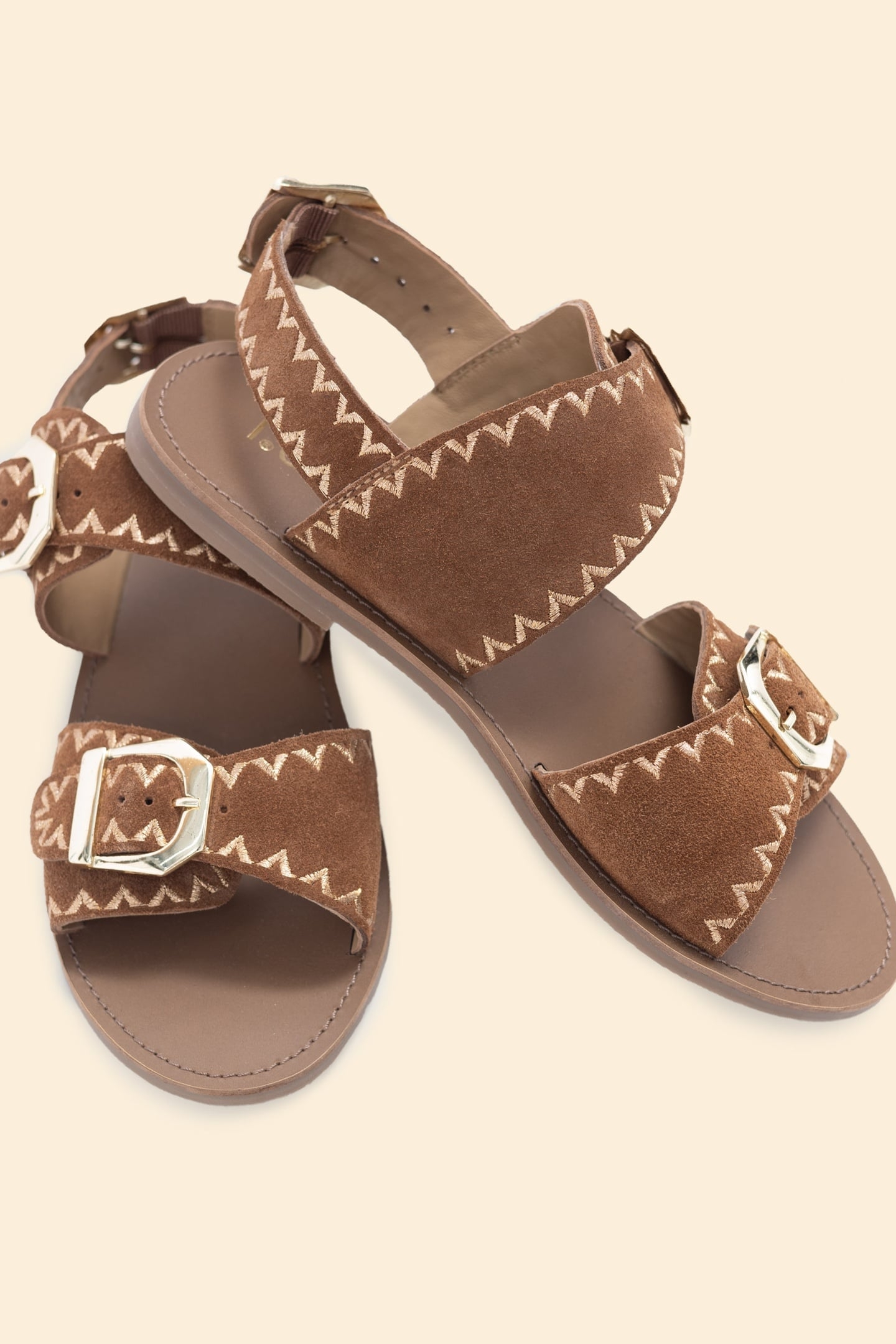 CAMEL LEATHER VELOUR EMBROIDERED FLAT SANDALS CAMEL 4