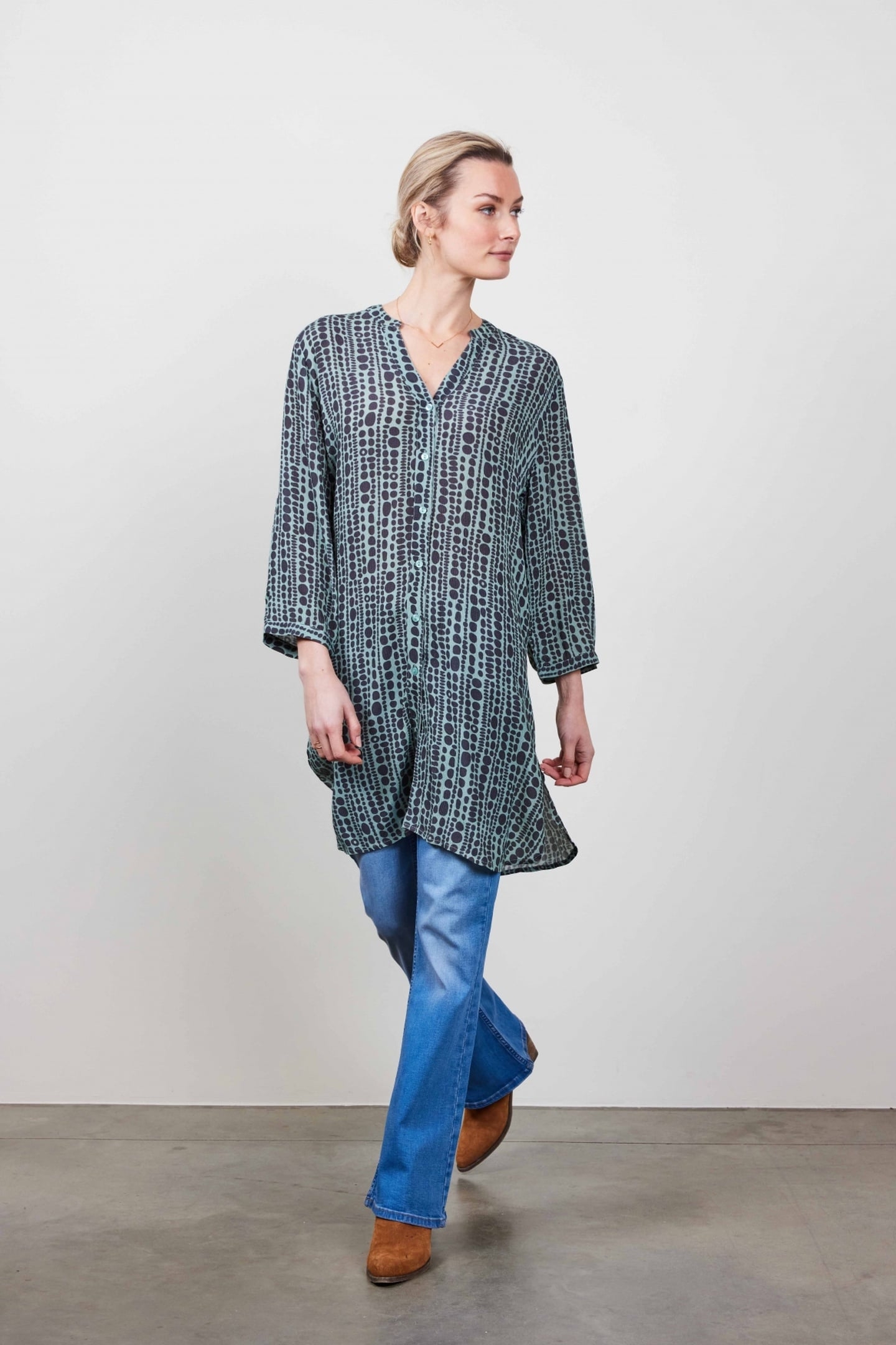 TUNIC CHILL IN GRANITE GREEN WITH DOTS IN A ROW PRINT 2