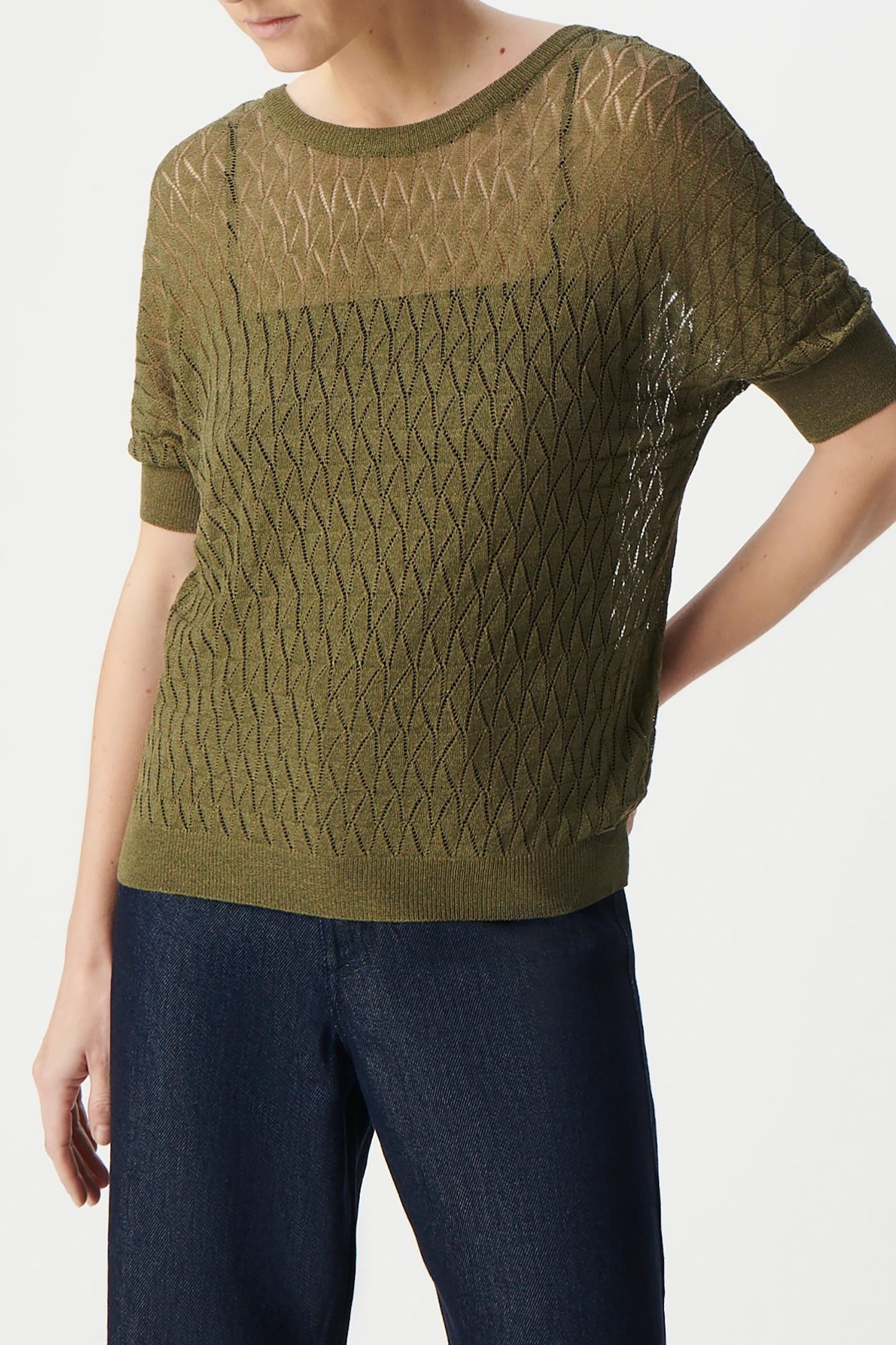 KHAKI KNITTED LUREX OPENWORK V-NECK SWEATER 2