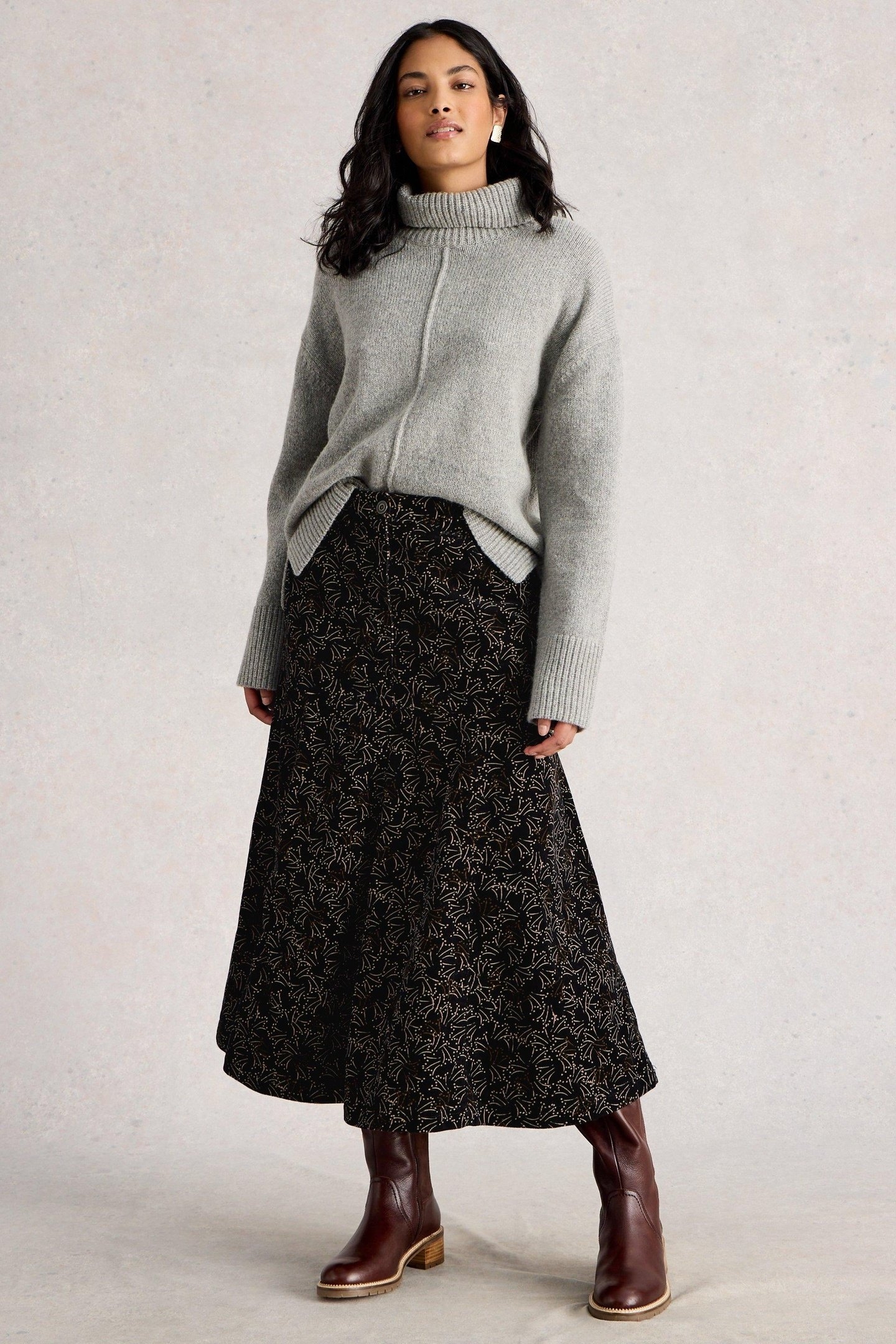 QUINN CORD MIDI SKIRT BLACK PRINT 1