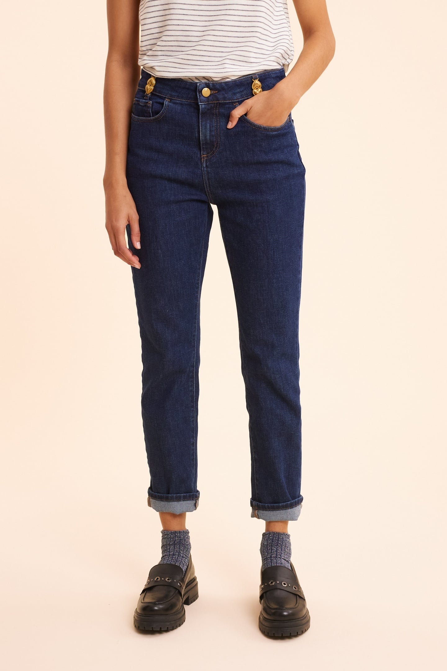 BLUE STRAIGHT JEANS WITH METAL DOUBLE HEART LOOPS DARK BLUE 1