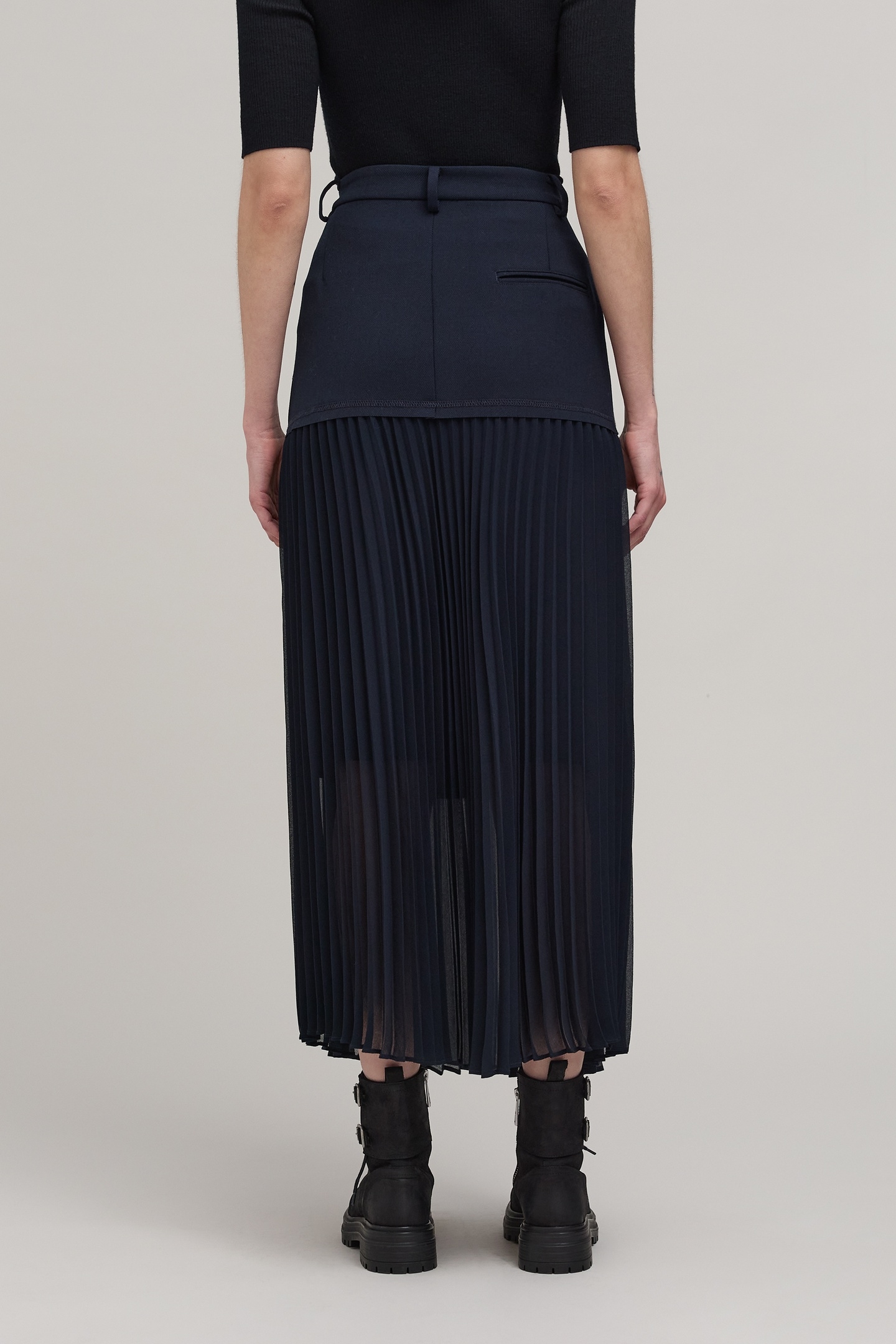 NAVY BI-MATERIAL LONG SKIRT 4