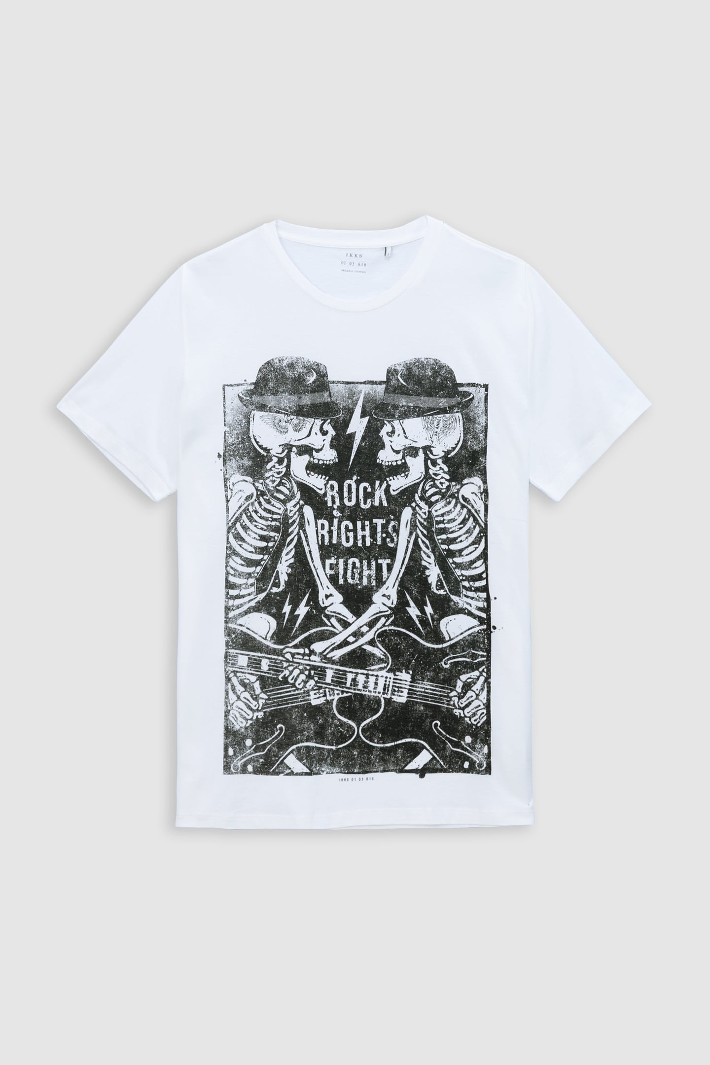 WHITE ORGANIC COTTON T-SHIRT WITH SKELETON GUITARIST 5