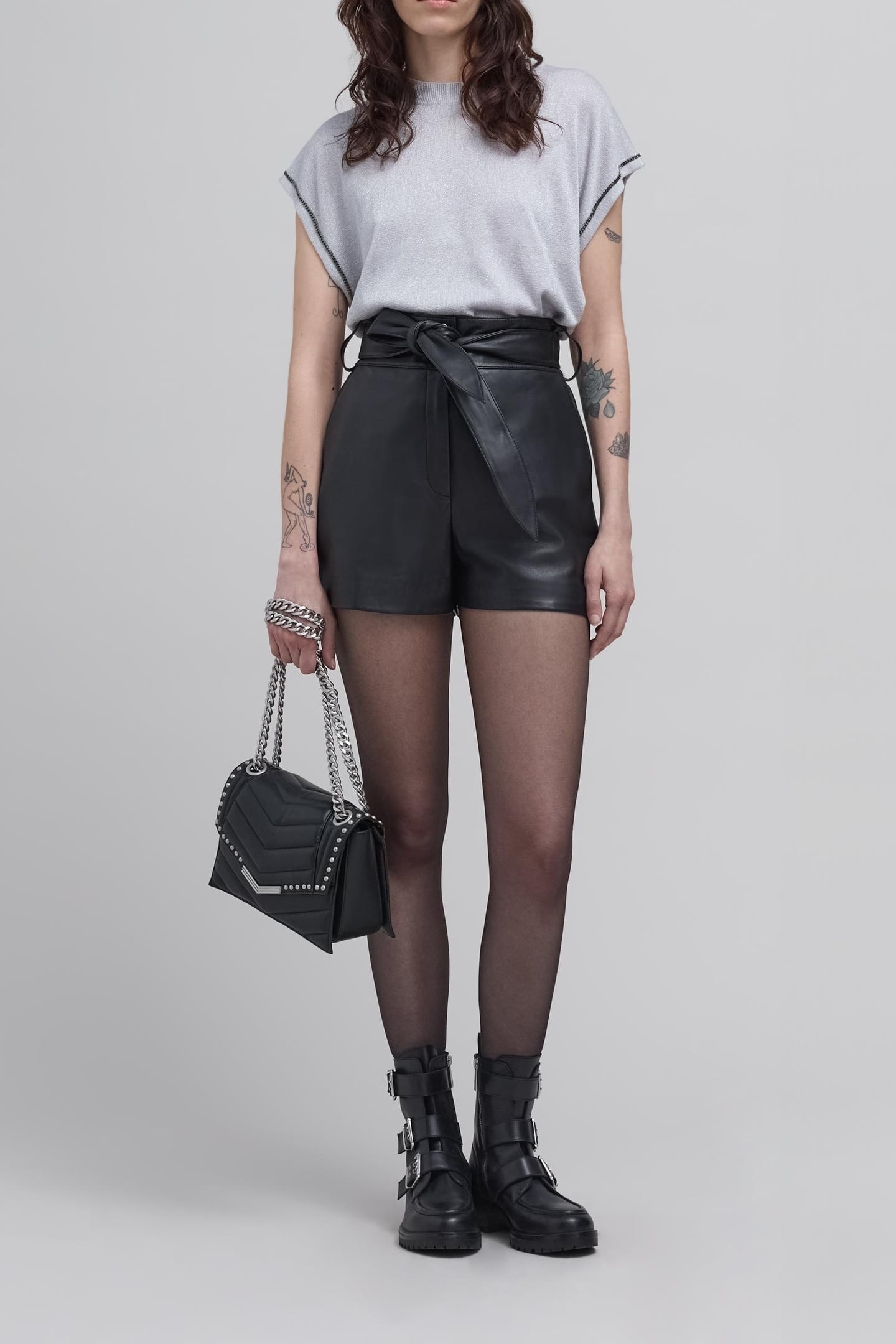 CLOUD GREY LUREX KNIT TOP WITH CURB CHAIN DETAIL 1