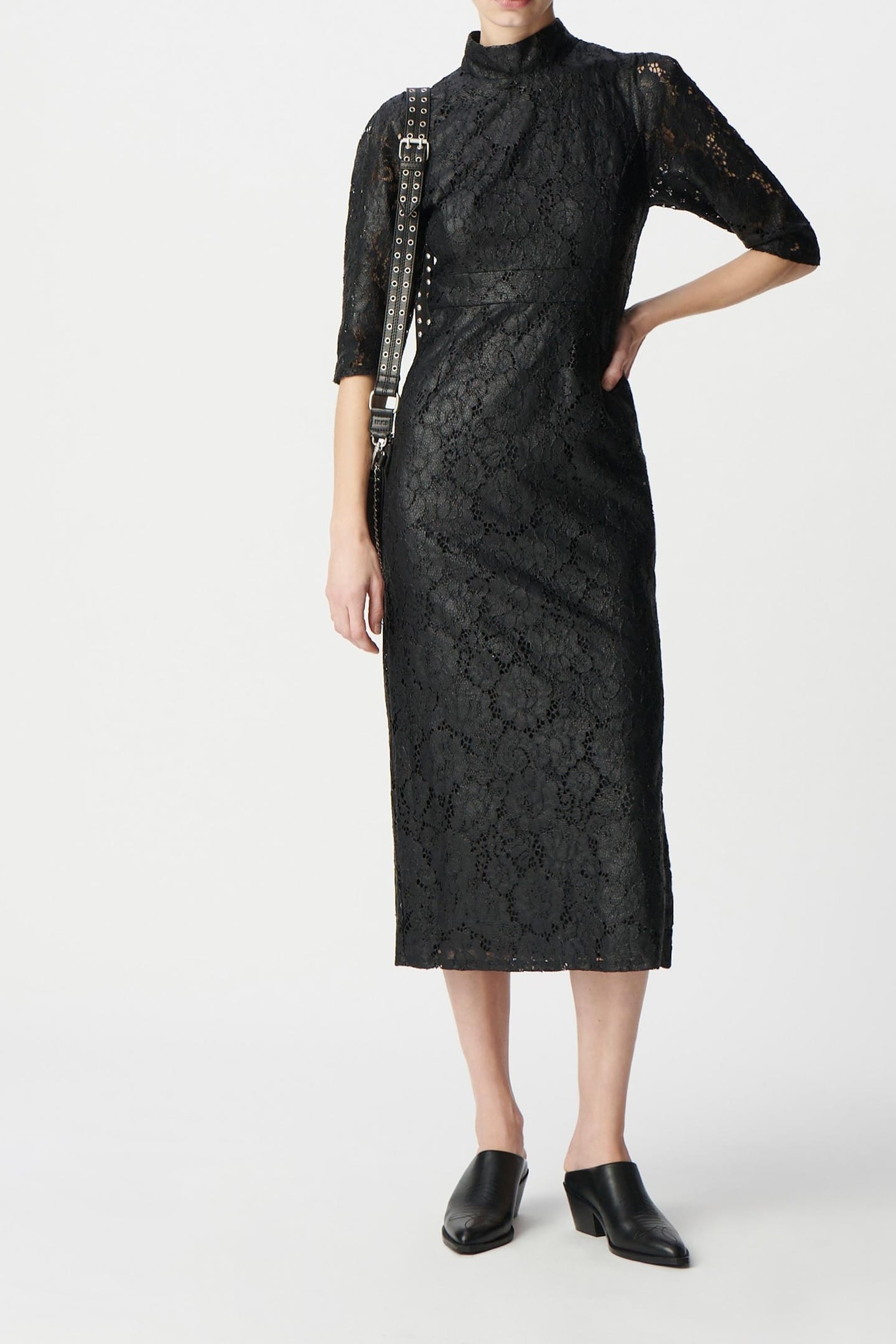BLACK COATED LACE MIDI DRESS 1