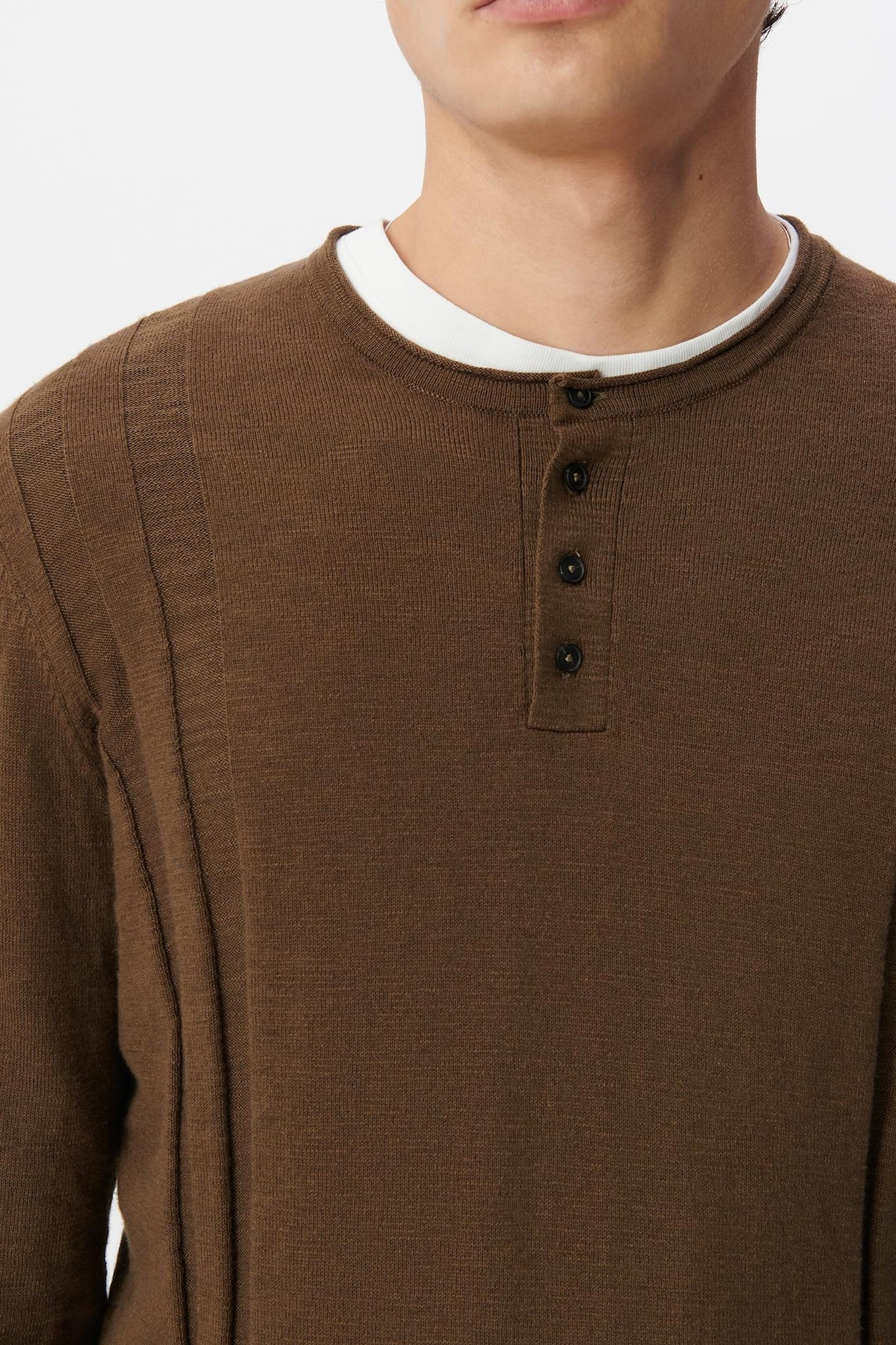 KHAKI ORGANIC COTTON FINE KNIT BUTTON-NECK SWEATER 5