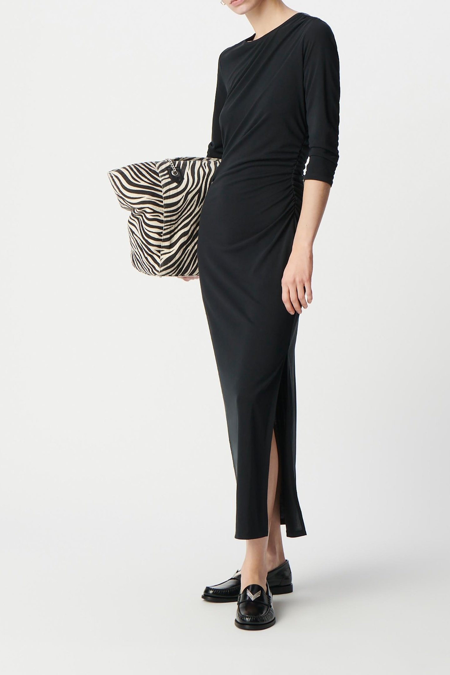 GATHERED BLACK EVENING DRESS WITH RHINESTONE SHOULDERS 1