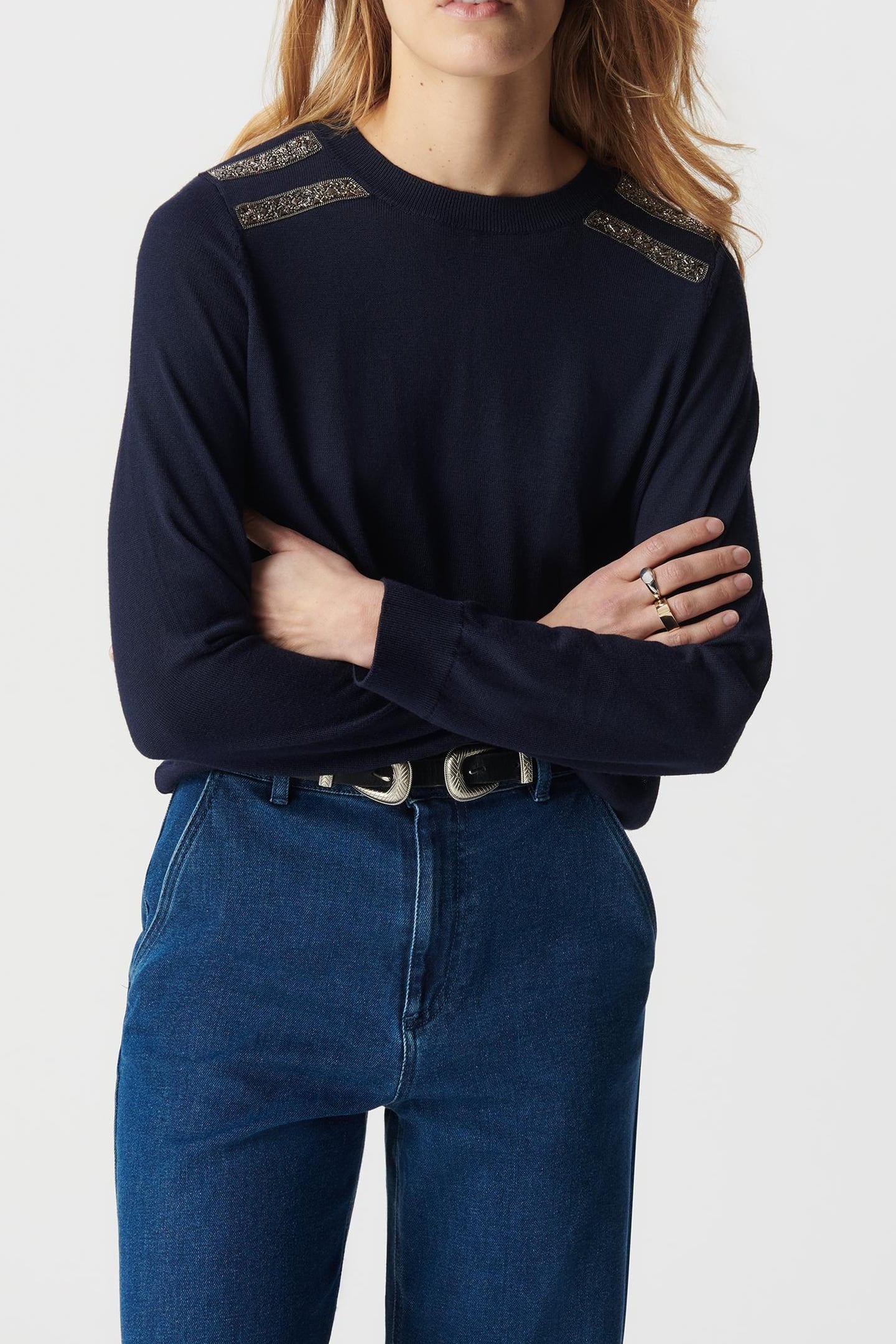 NAVY KNIT SWEATER WITH PEARL EMBROIDERY MOTIF 2