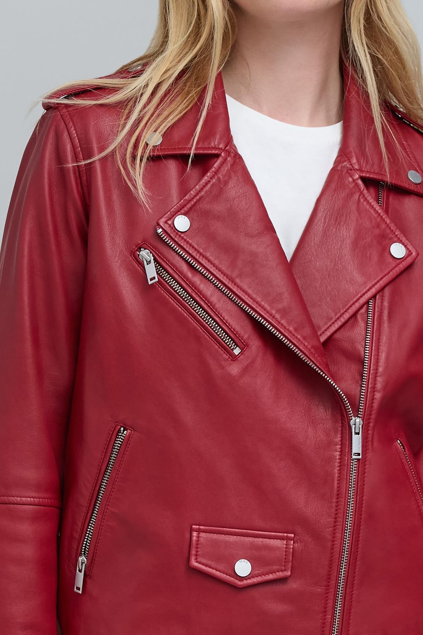 RED LEATHER BIKER JACKET WITH ZIPPED POCKETS 6