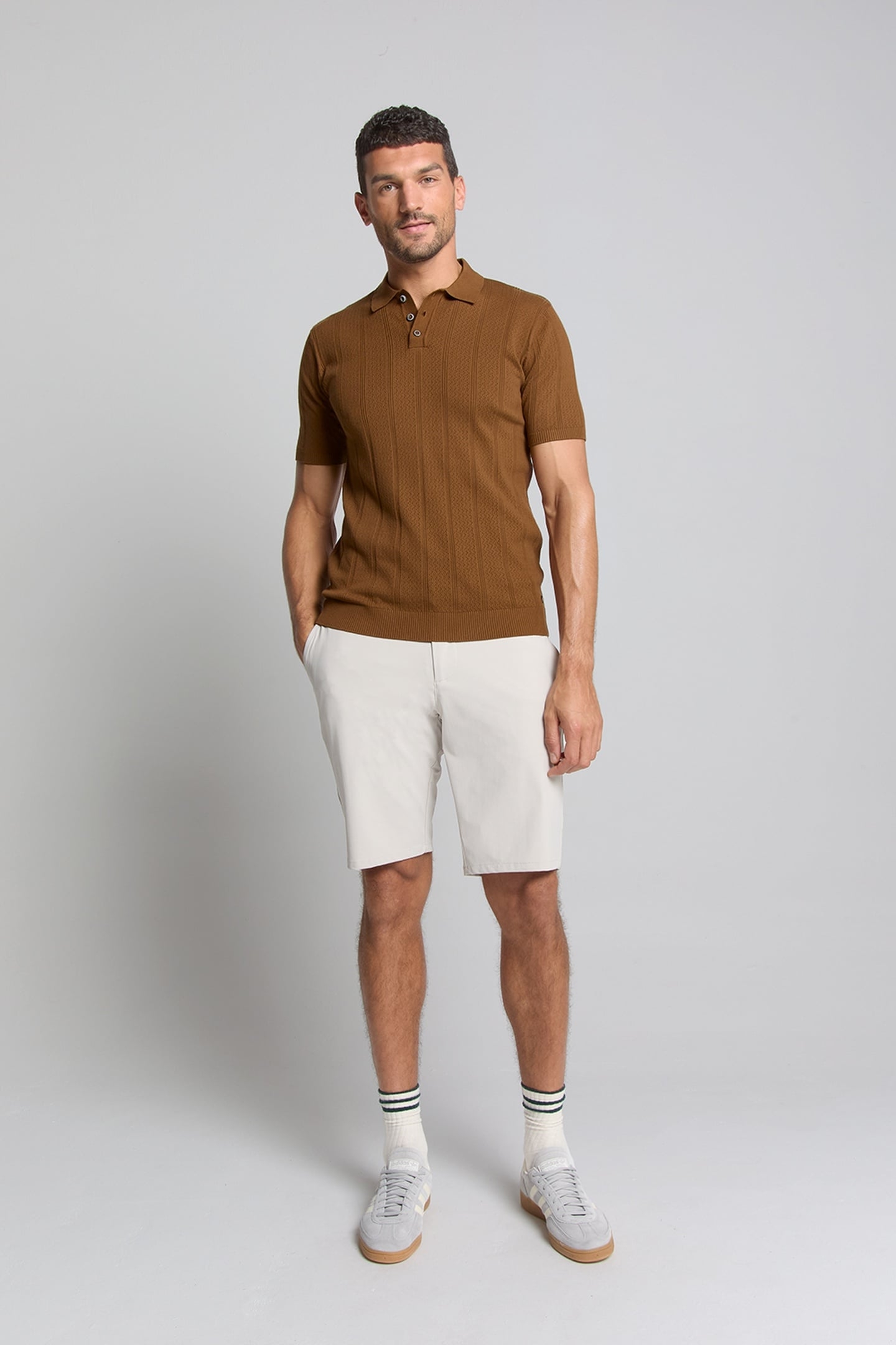 PULLOVER SHORT SLEEVE POLO BUTTON SOLID JACQUARD CAMEL 3