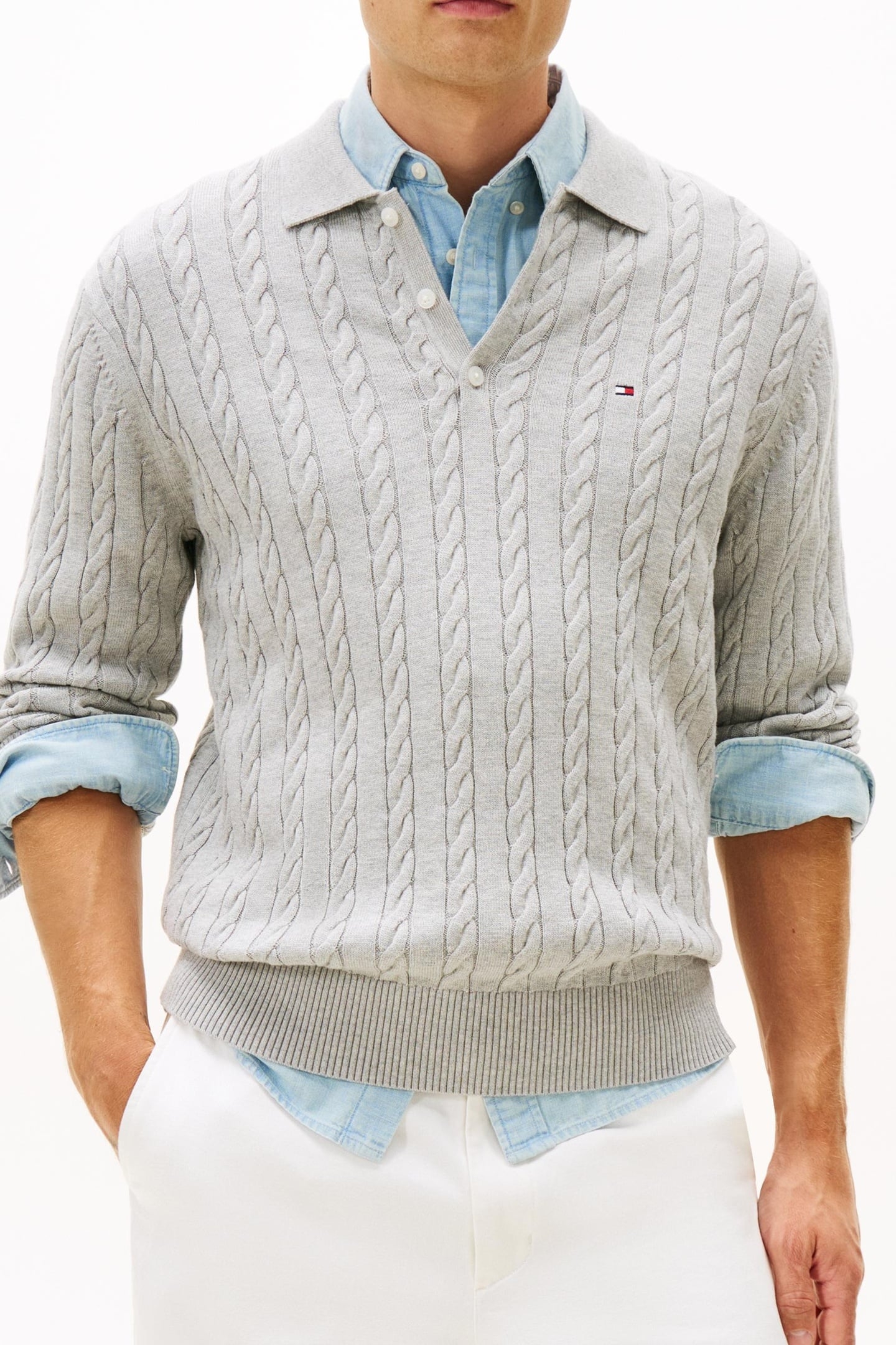 CLASSIC COTTON CABLE SWEATER LIGHT GREY HEATHER 1