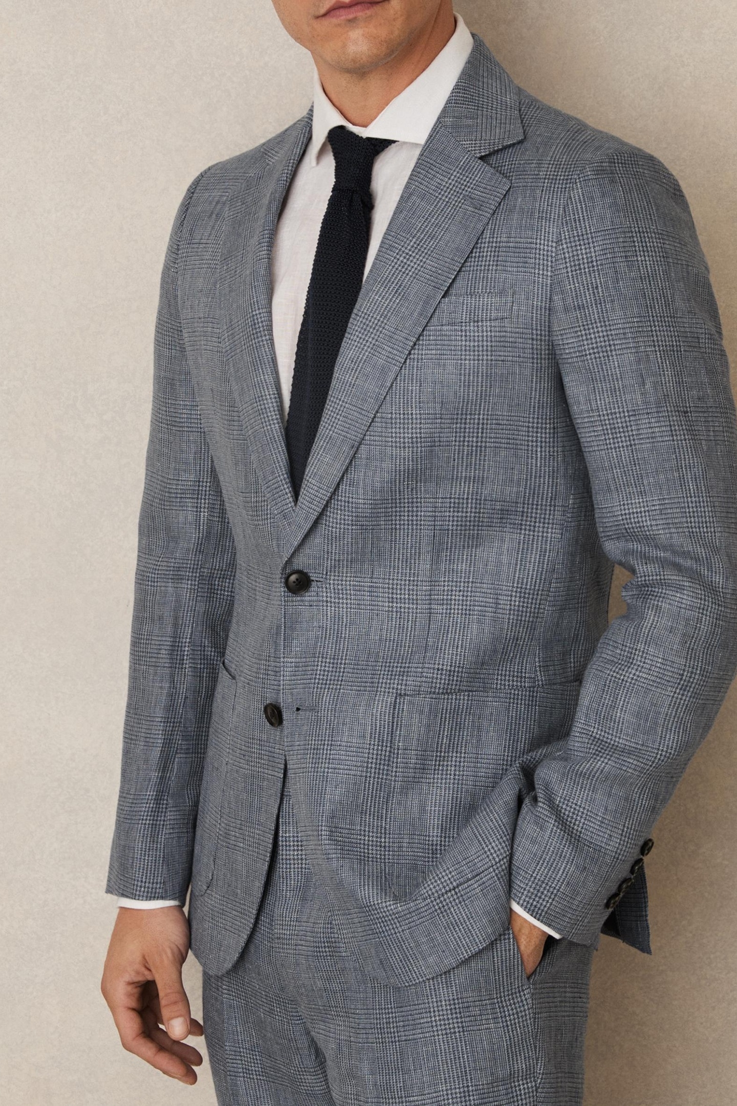 SB 2B NOTCH PRINCE OF WALES CHECK LINEN BLAZER SOFT BLUE 4