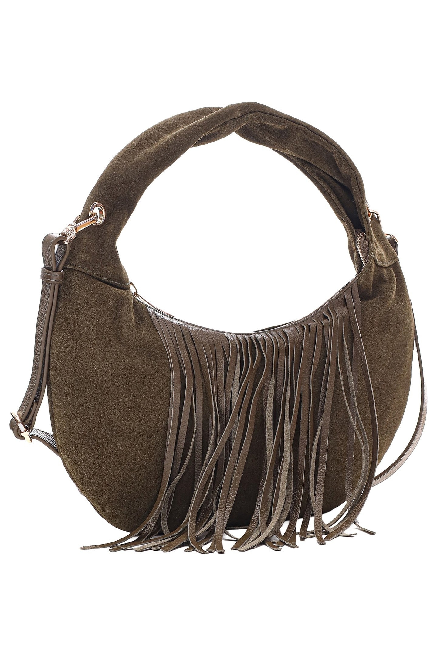 MINI GABI SUEDE FRINGE DARK OLIVE W. GOLD 3